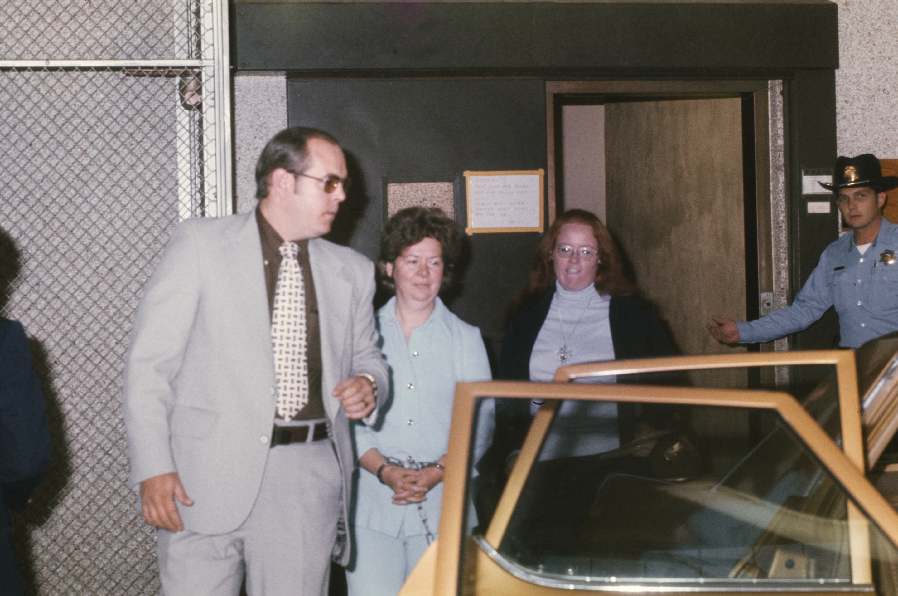 Sara Jane Moore, the woman who attempted to assassinate President Gerald Ford, is shown as she leaves San Mateo County prison en route to San Francisco where she is to to appear in the US District Court, October 28th 1975.