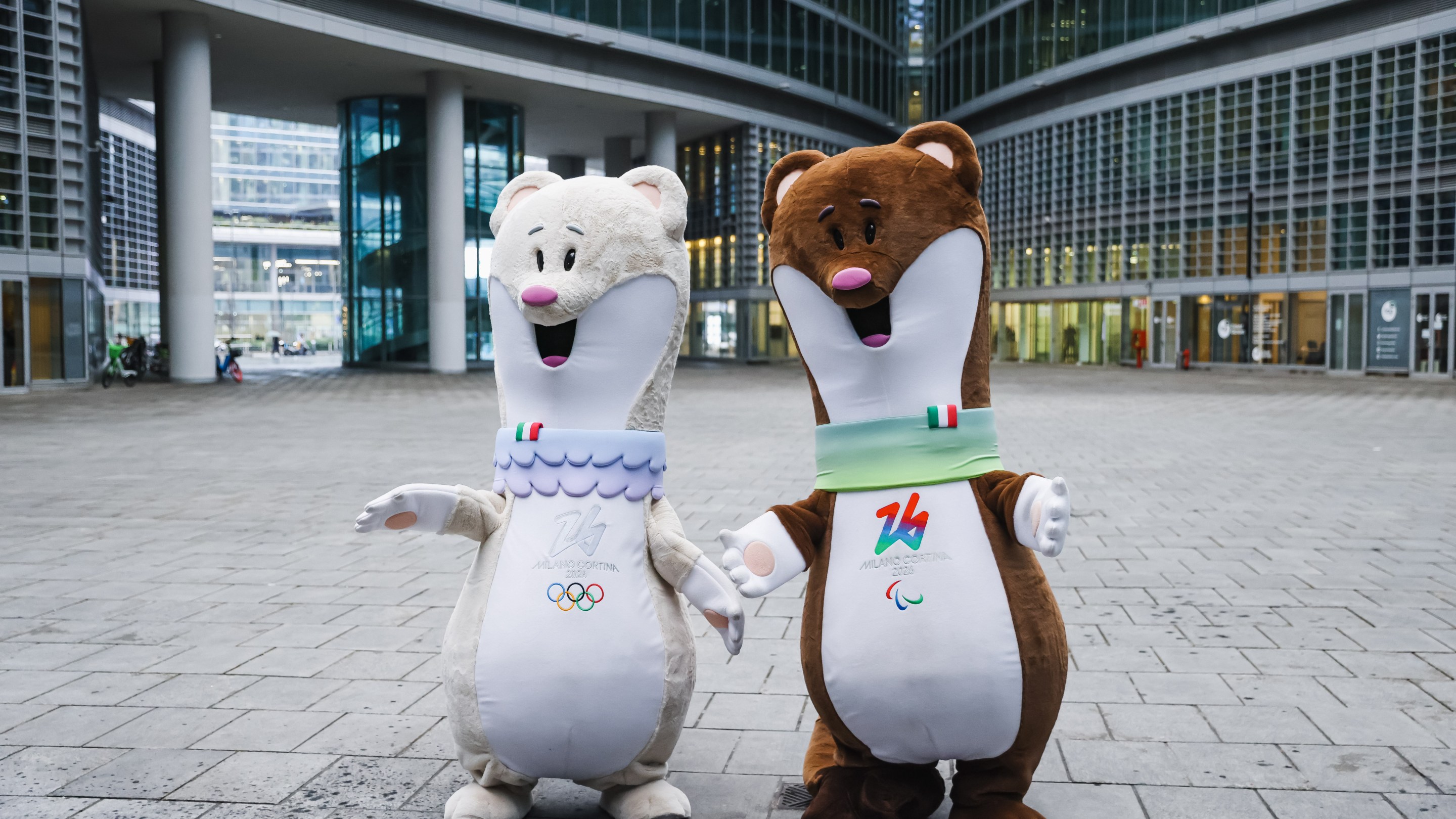 The President of the Lombardy Region, Attilio Fontana, is welcoming the mascots Tina and Milo of the XXV Winter Olympic Games Milano Cortina 2026 in Piazza Citta di Lombardia, in Milan, Italy, on February 27, 2024.