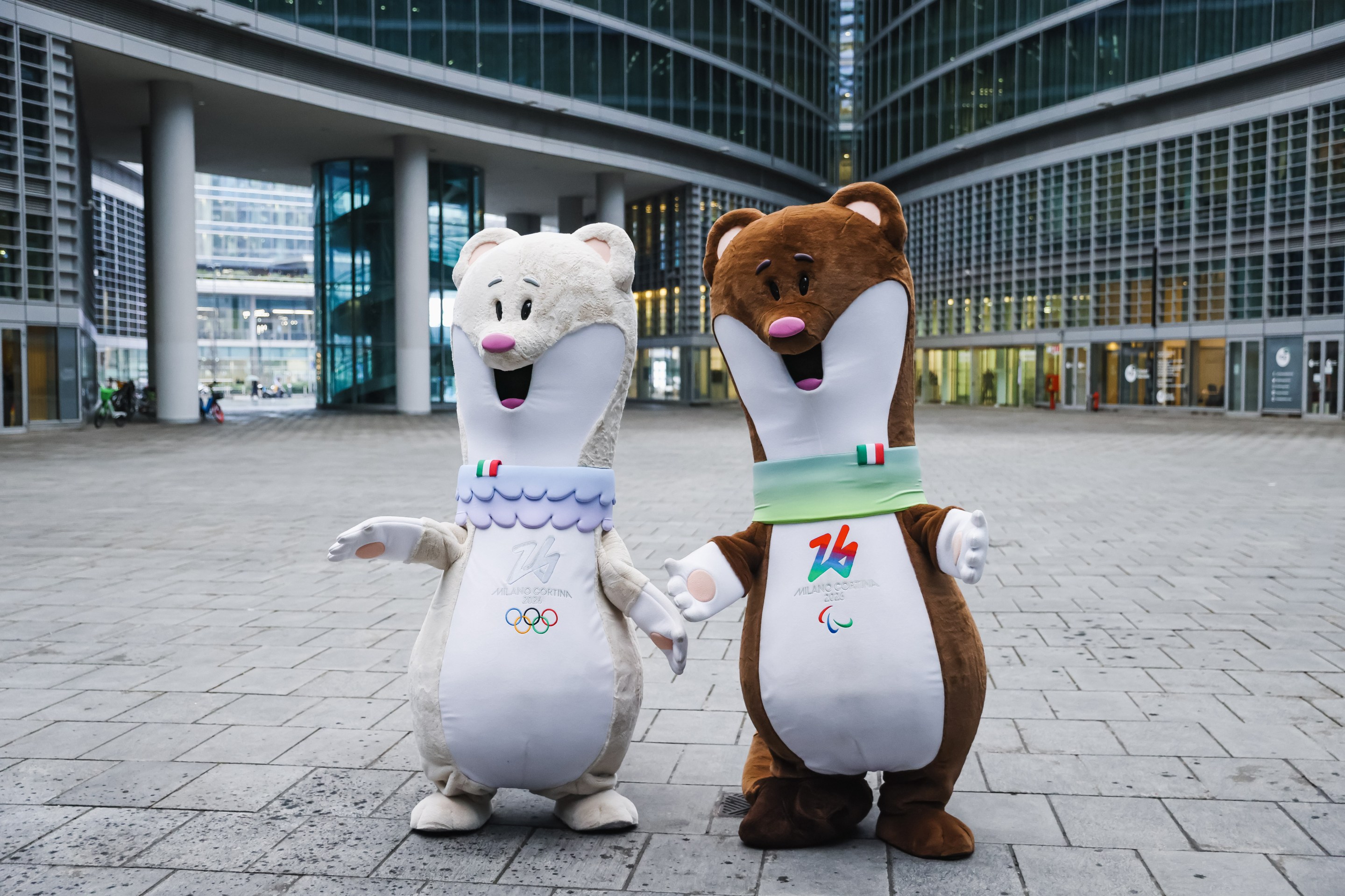 The President of the Lombardy Region, Attilio Fontana, is welcoming the mascots Tina and Milo of the XXV Winter Olympic Games Milano Cortina 2026 in Piazza Citta di Lombardia, in Milan, Italy, on February 27, 2024.