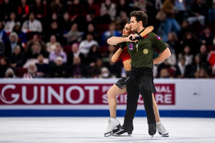 Laurence Fournier Beaudry and Nikolaj Sorensen of Canada perform during the ISU World Figure Skating Championships at Bell Centre on March 22, 2024 in Montreal, Canada.