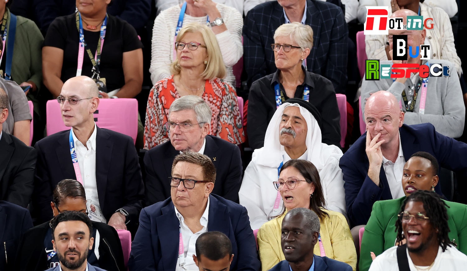 PARIS, FRANCE - AUGUST 10: (L-R) NBA Commissioner Adam Silver, IOC President Thomas Bach, President of the International Basketball Federation (FIBA) Sheikh Saud Ali Al Thani and President Gianni Infantino attend the Men's Gold Medal game between Team France and Team United States on day fifteen of the Olympic Games Paris 2024 at Bercy Arena on August 10, 2024 in Paris, France. (Photo by Jamie Squire/Getty Images)