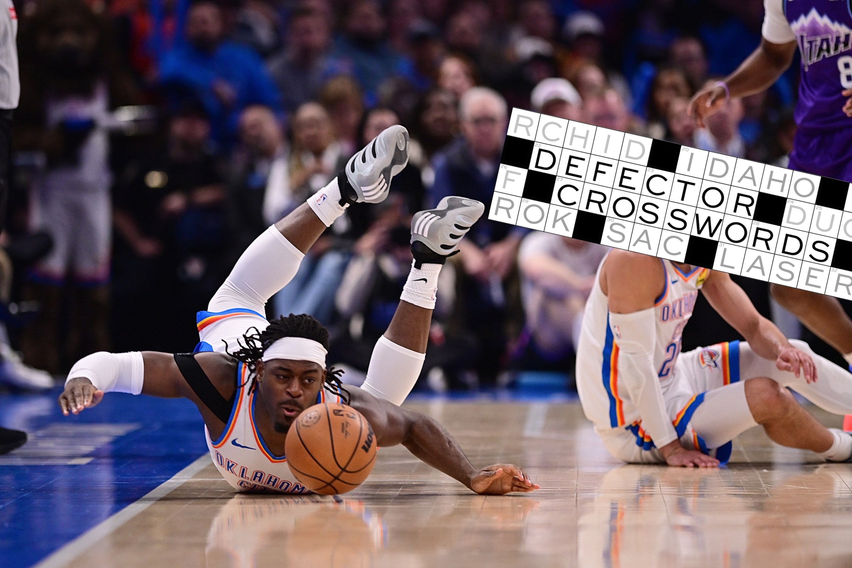 OKLAHOMA CITY, OKLAHOMA - JANUARY 7: Luguentz Dort #5 of the Oklahoma City Thunder dives for a loose ball during the second half against the Utah Jazz at Paycom Center on January 7, 2026 in Oklahoma City, Oklahoma.