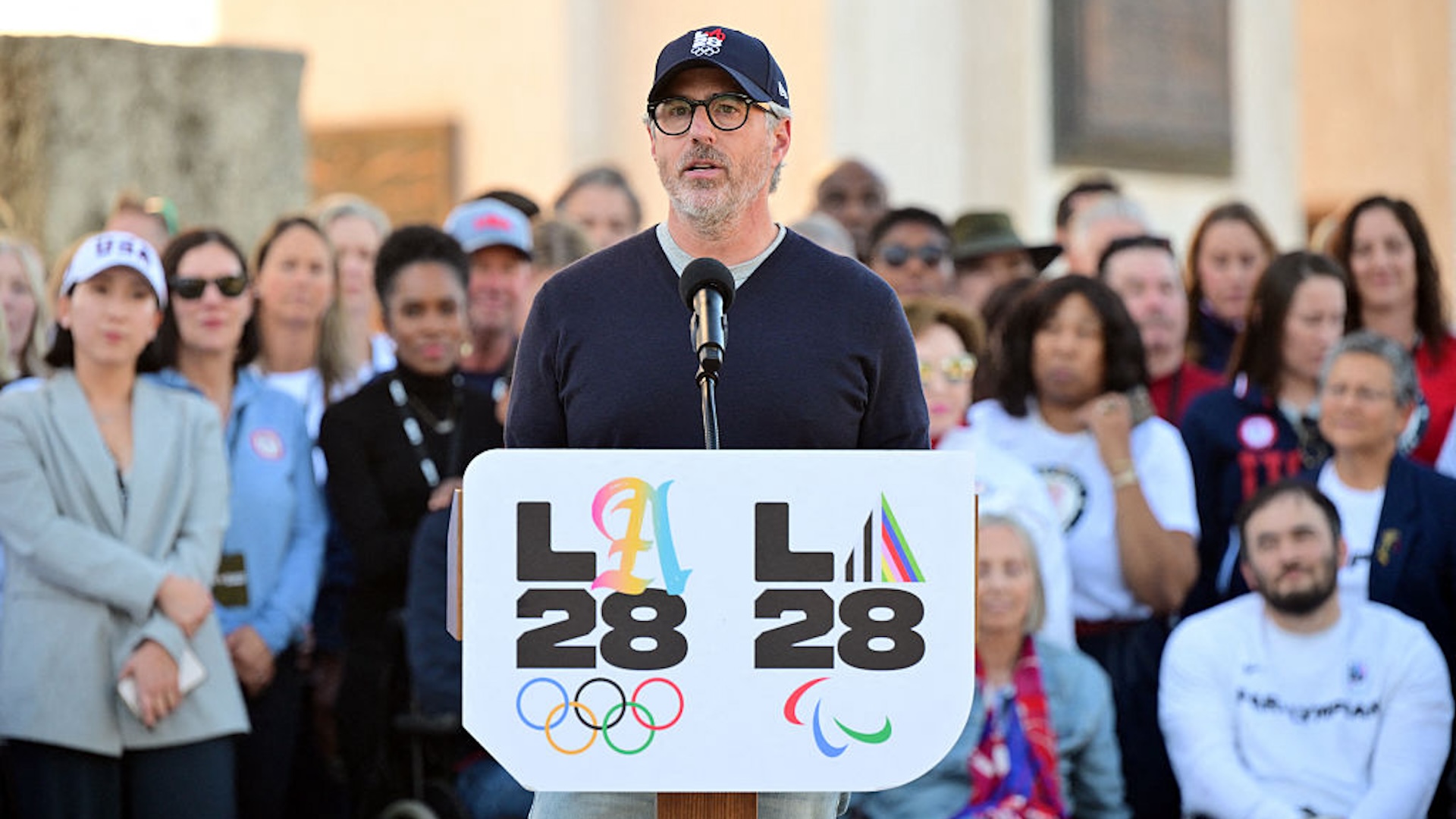 Casey Wasserman speaks at a 2028 Olympics event