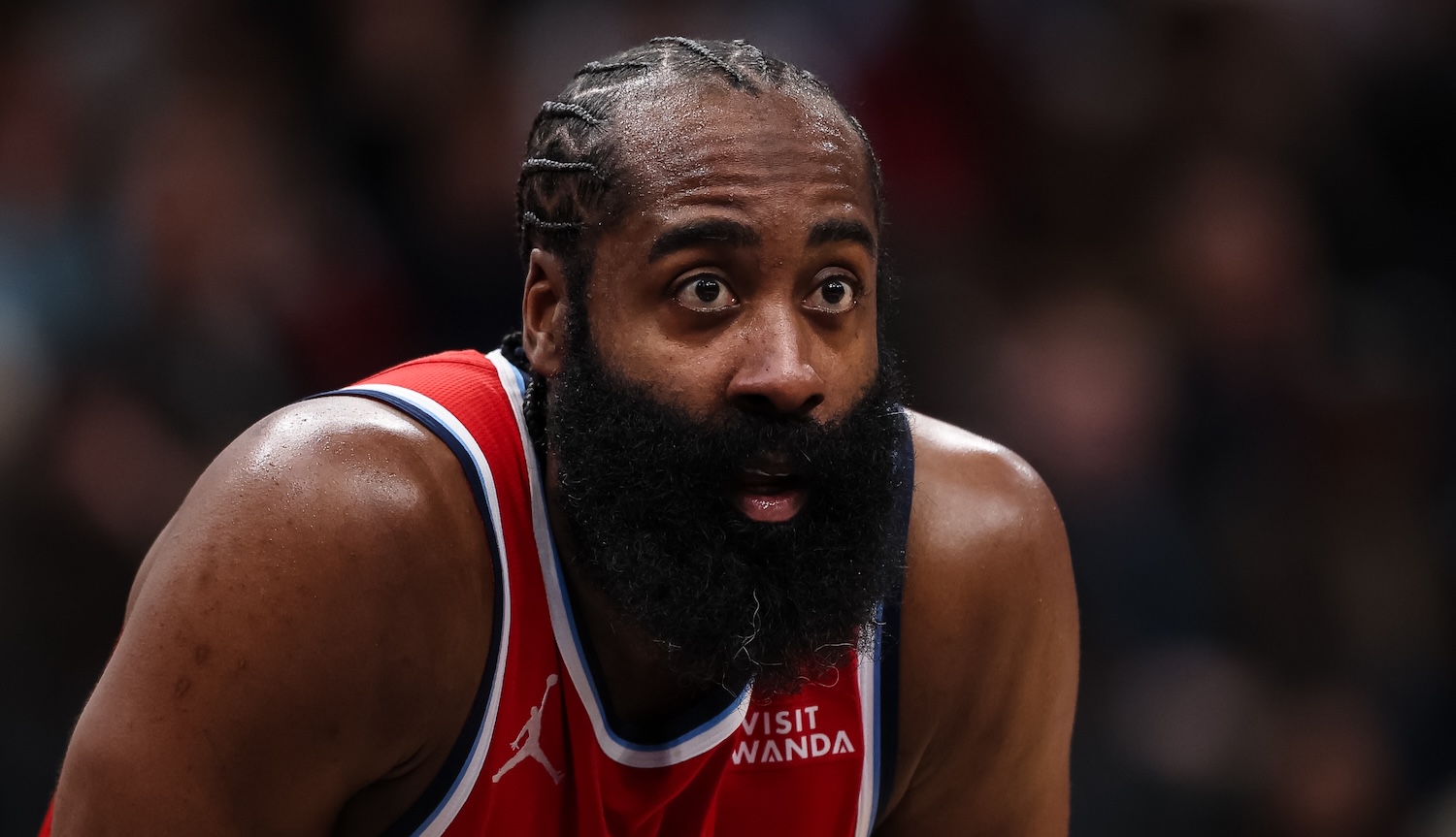 WASHINGTON, DC - JANUARY 19: James Harden #1 of the LA Clippers looks on against the Washington Wizards during the second half at Capital One Arena on January 19, 2026 in Washington, DC. NOTE TO USER: User expressly acknowledges and agrees that, by downloading and or using this photograph, User is consenting to the terms and conditions of the Getty Images License Agreement. (Photo by)