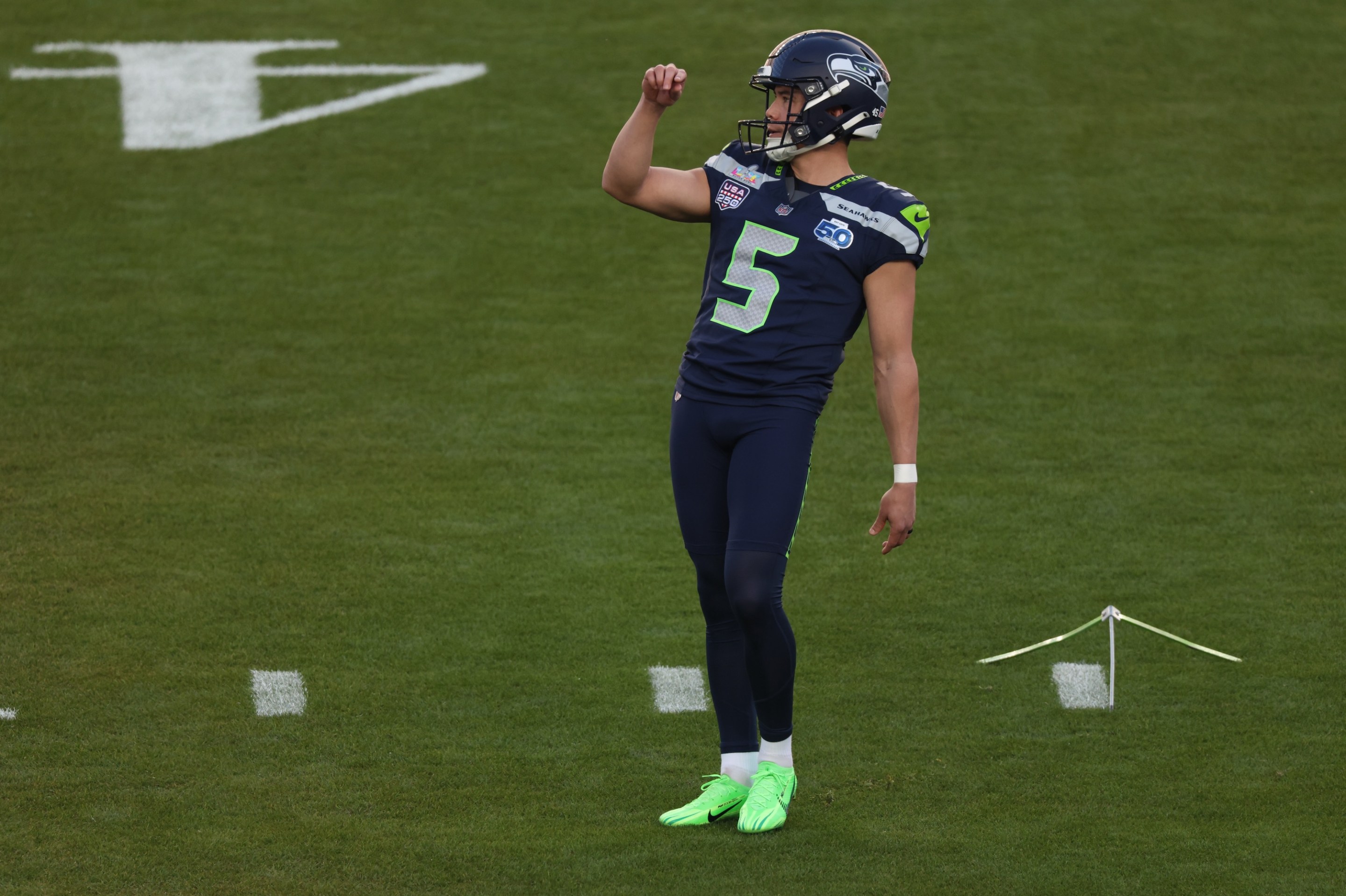 SANTA CLARA, CA - FEBRUARY 08: K Jason Myers (5) of the Seattle Seahawks warms up prior to the start of the Seattle Seahawks versus the New England Patriots Super Bowl LX game on February 8, 2026, at Levi's Stadium in Santa Clara, CA. (Photo by Matthew Huang/Icon Sportswire via Getty Images)