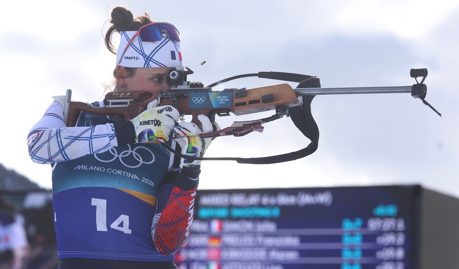 Julia Simon of Team France competes in the Mixed Relay 4 x 6km (M+W) on day two of the Milano Cortina 2026 Winter Olympic games at Anterselva Biathlon Arena on February 08, 2026 in Antholz-Anterselva, Italy. (Photo by Alexander Hassenstein/Getty Images)