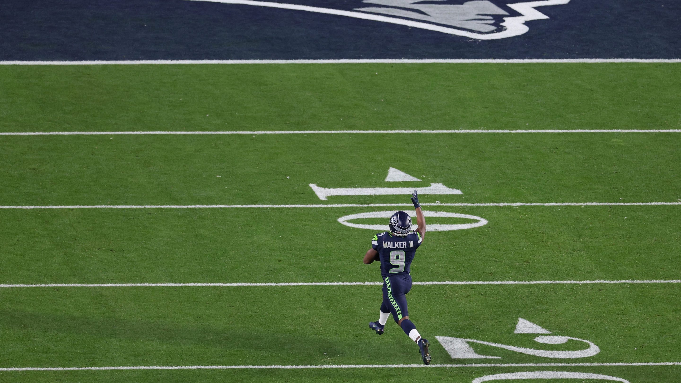 Kenneth Walker III #9 of the Seattle Seahawks runs for a touchdown that was called back during the fourth quarter against the New England Patriots in Super Bowl LX at Levi's Stadium on February 08, 2026 in Santa Clara, California.