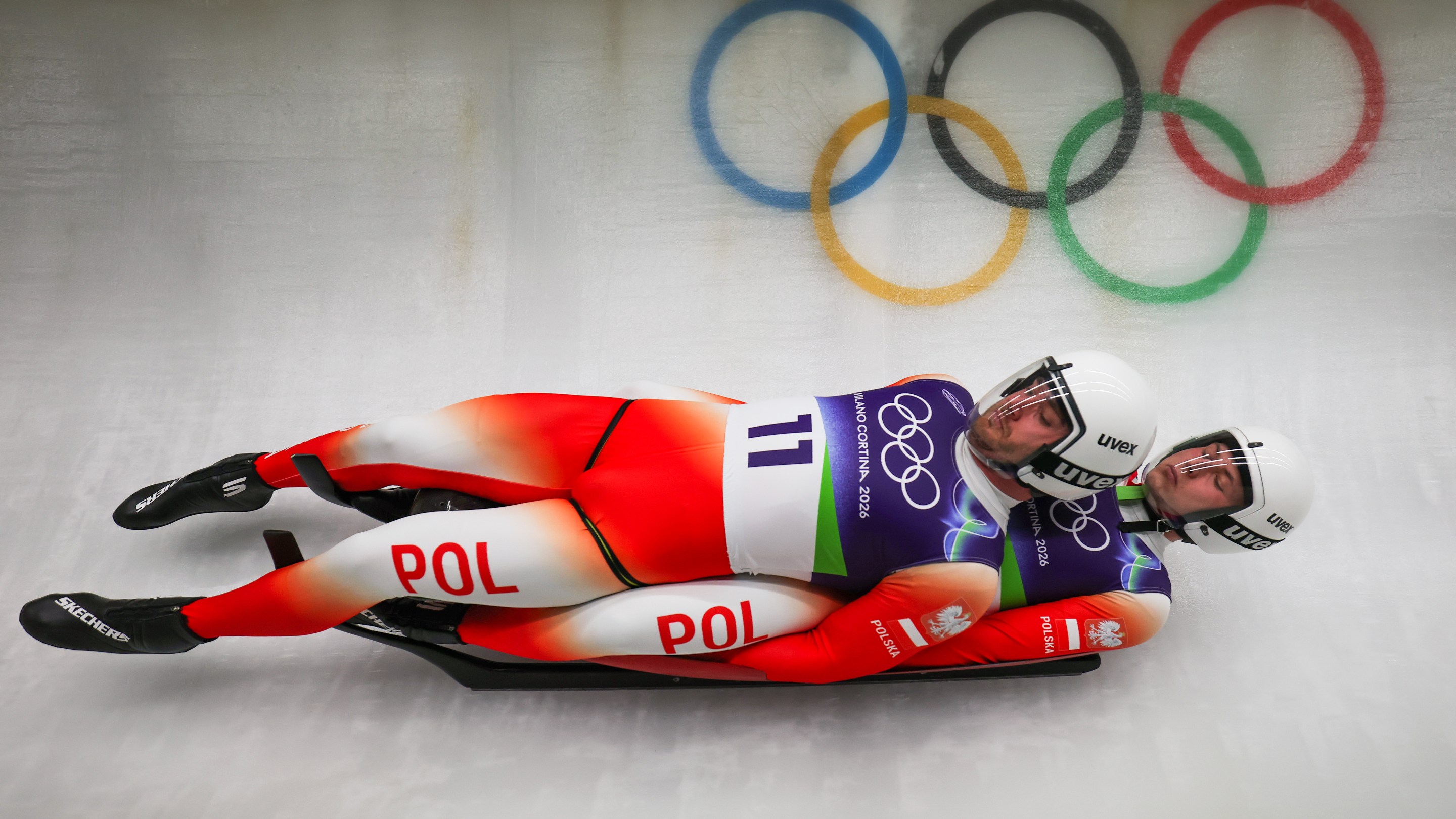 Wojciech Chmielewski and Michal Gancarczyk of Team Poland compete in the Men's Doubles Run 1 on day five of the Milano Cortina 2026 Winter Olympic games at Cortina Sliding Centre on February 11, 2026 in Cortina d'Ampezzo, Italy