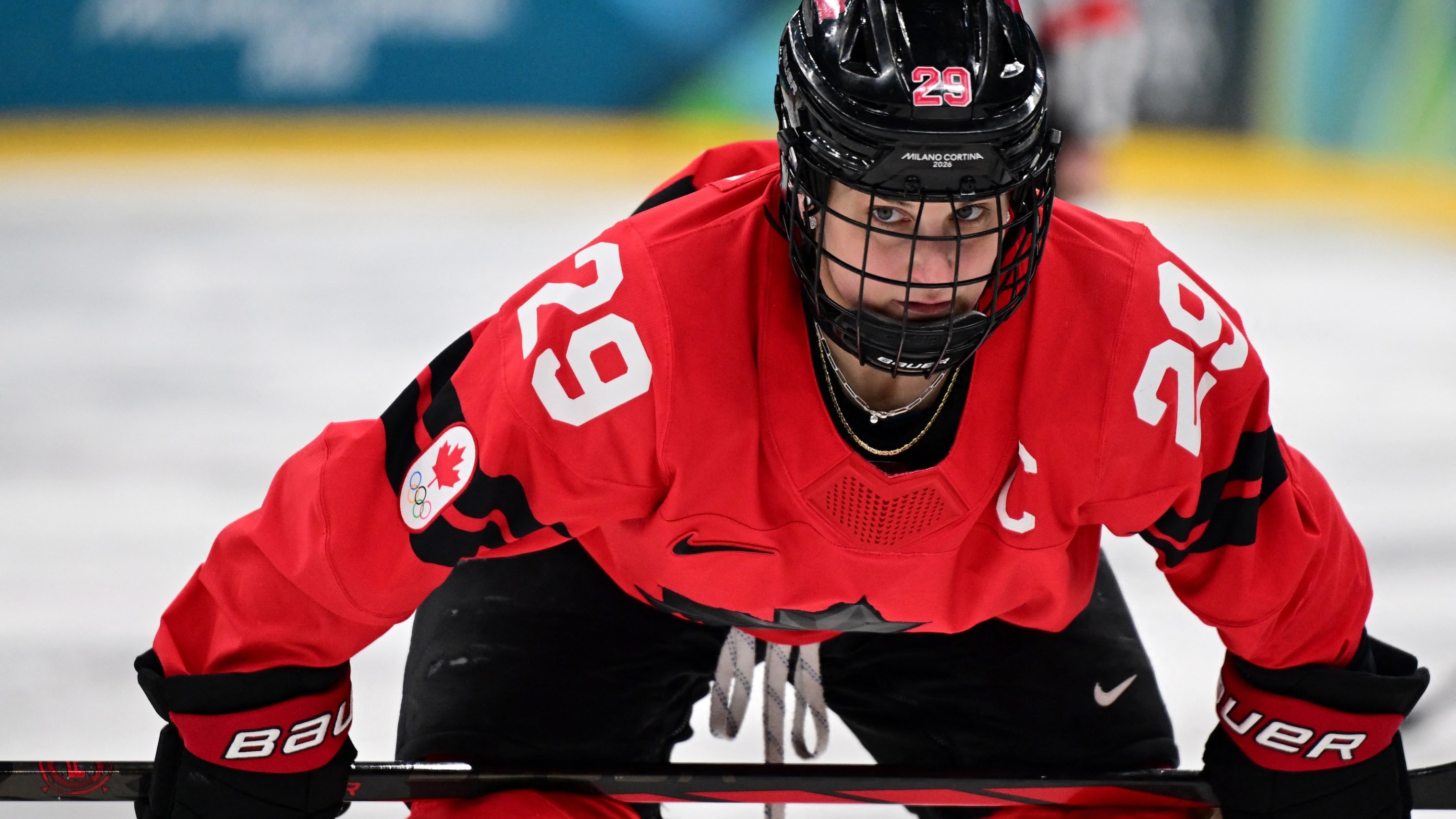 Canada's #29 Marie-Philip Poulin reacts during the women's play-off semi-final ice hockey match between Canada and Switzerland at the Milano Santagiulia Ice Hockey Arena during the Milano Cortina 2026 Winter Olympic Games in Milan, on February 16, 2026.