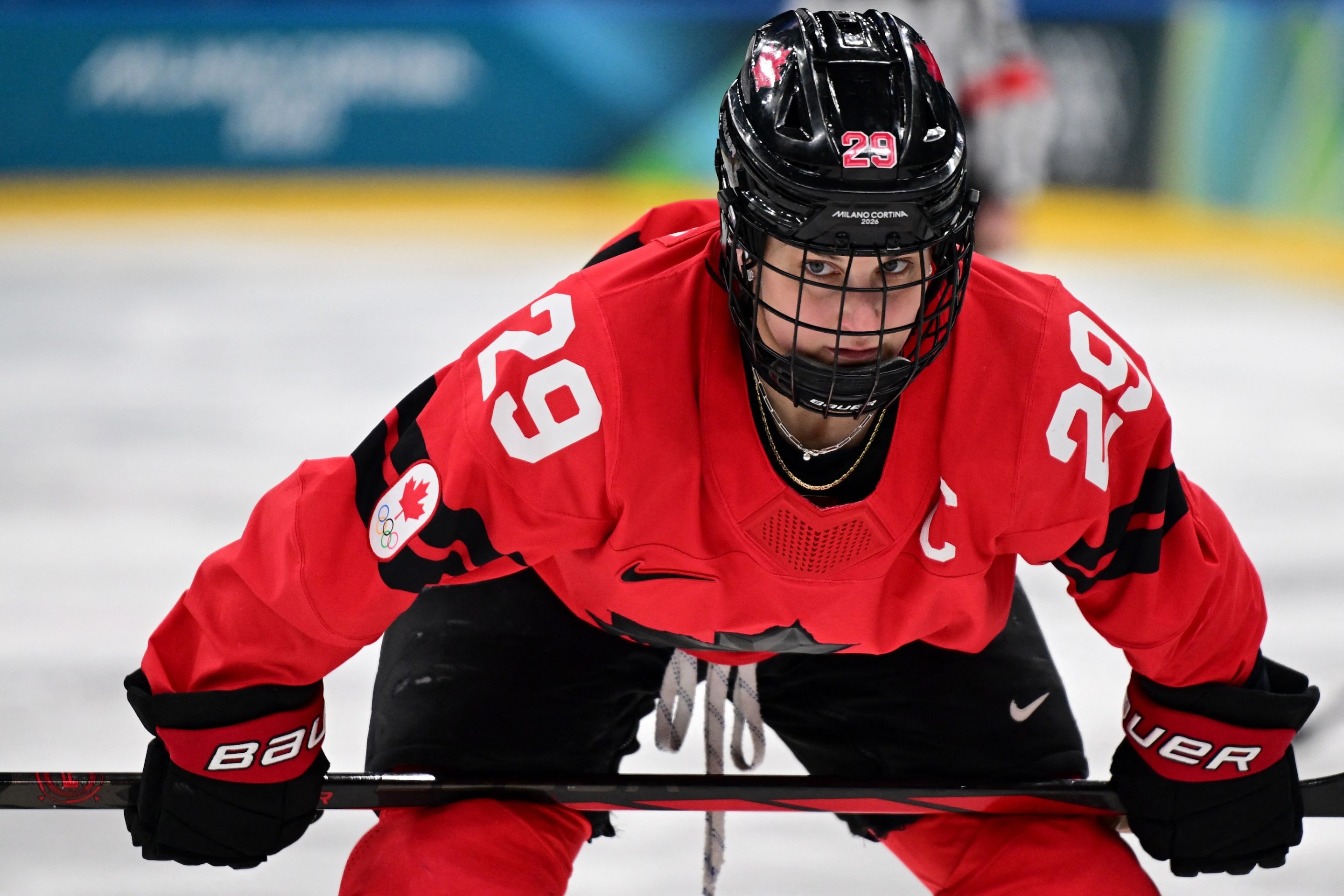 Canada's #29 Marie-Philip Poulin reacts during the women's play-off semi-final ice hockey match between Canada and Switzerland at the Milano Santagiulia Ice Hockey Arena during the Milano Cortina 2026 Winter Olympic Games in Milan, on February 16, 2026.