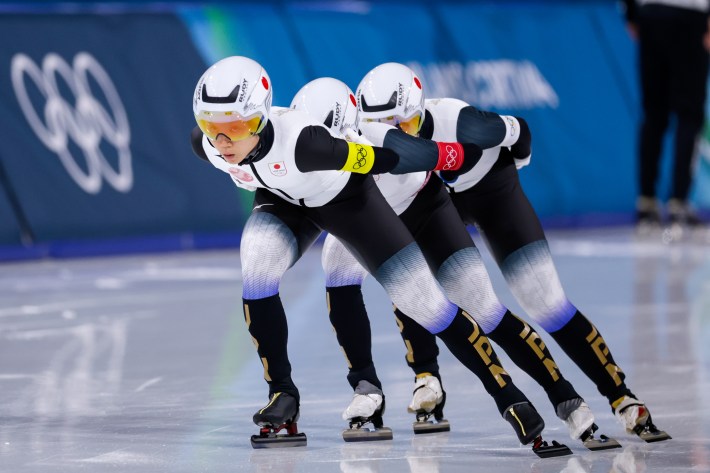 Momoka Horikawa of Japan, Miho Takagi of Japan, Ayano Sato of Japan competing in the Women's Team Pursuit during Day 11 of Speed Skating - Milano Cortina 2026 Winter Olympics at Milano Speed Skating Stadium on February 17, 2026 in Milan, Italy