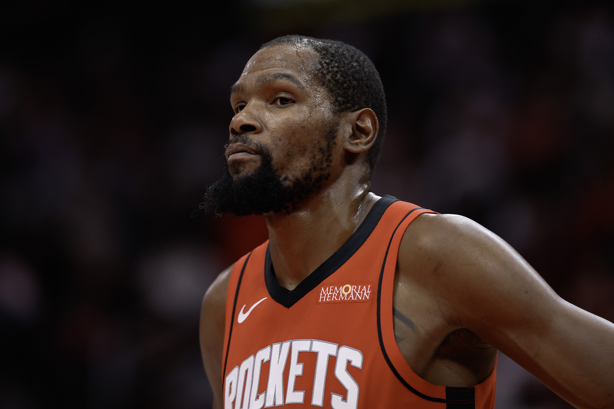 HOUSTON, TEXAS - FEBRUARY 11: Kevin Durant #7 of the Houston Rockets looks on during the second half of the game against the Los Angeles Clippers at Toyota Center on February 11, 2026 in Houston, Texas. NOTE TO USER: User expressly acknowledges and agrees that, by downloading and or using this photograph, User is consenting to the terms and conditions of the Getty Images License Agreement. (Photo by Jack Gorman/Getty Images)