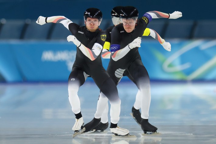 atrick Beckert and Fridtjof Petzold of Team Germany compete in final D of the Speed Skating Men's Team Pursuit