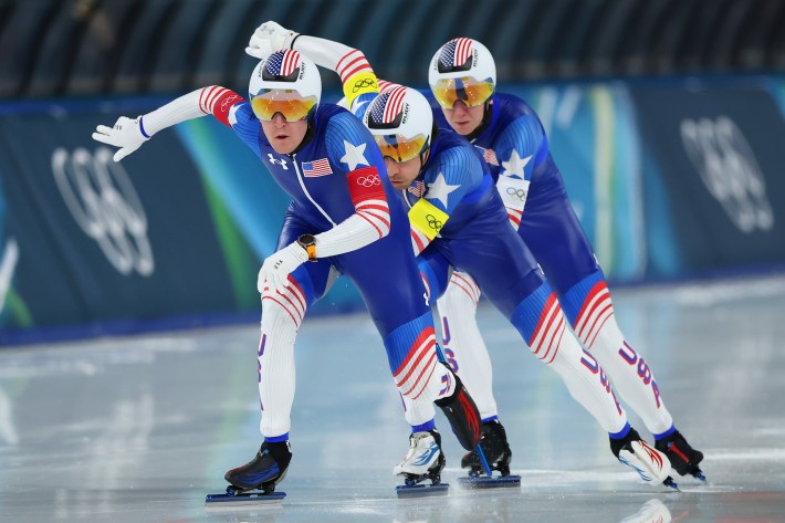 Casey Dawson, Emery Lehman and Ethan Cepuran of Team United States compete in the Speed Skating Men's Team Pursuit