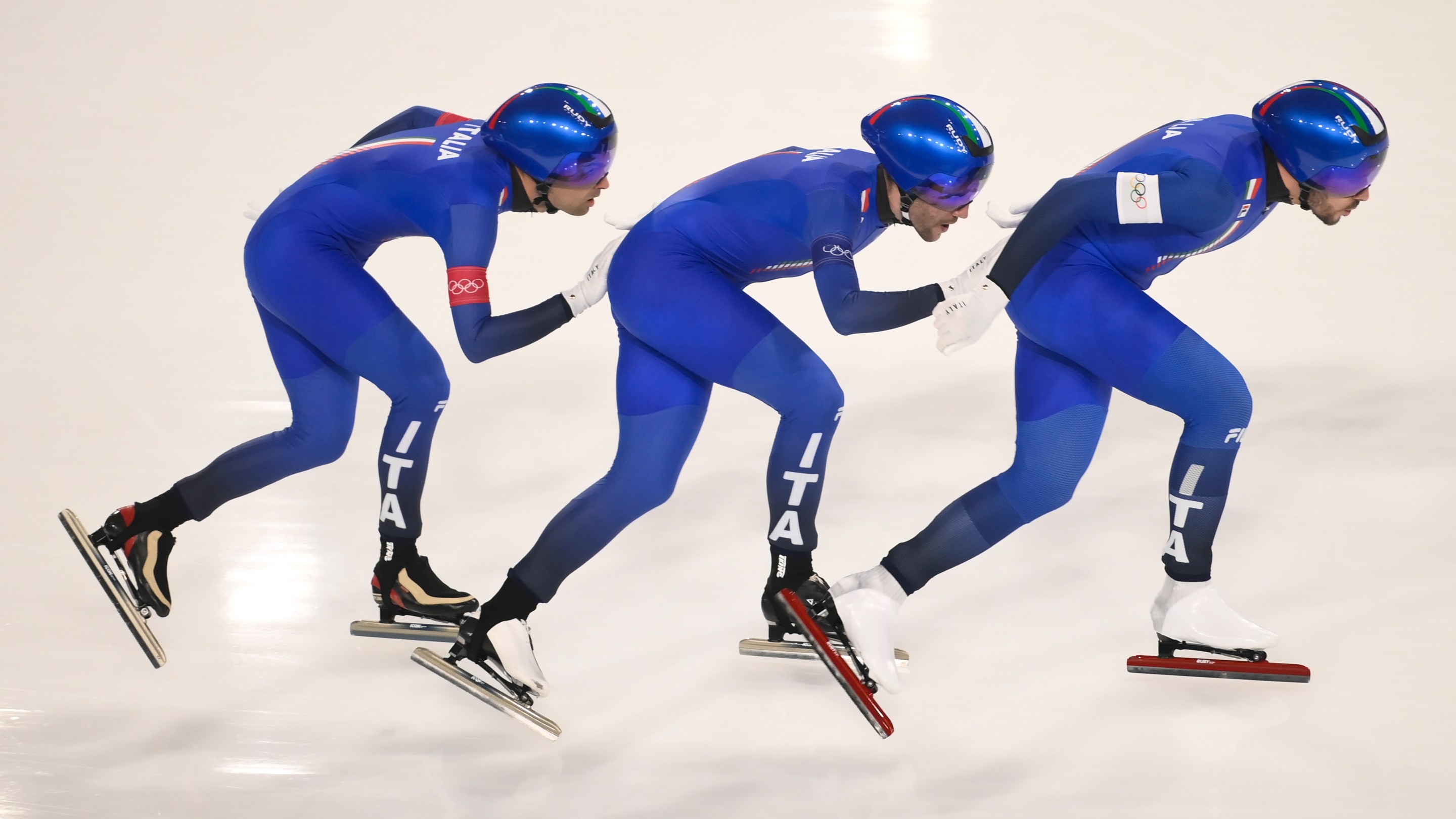 Davide Ghiotto of Team Italy, Andrea Giovannini of Team Italy,Michele Malfatti of Team Italy in action during the Speed Skating Men's Team Pursuit