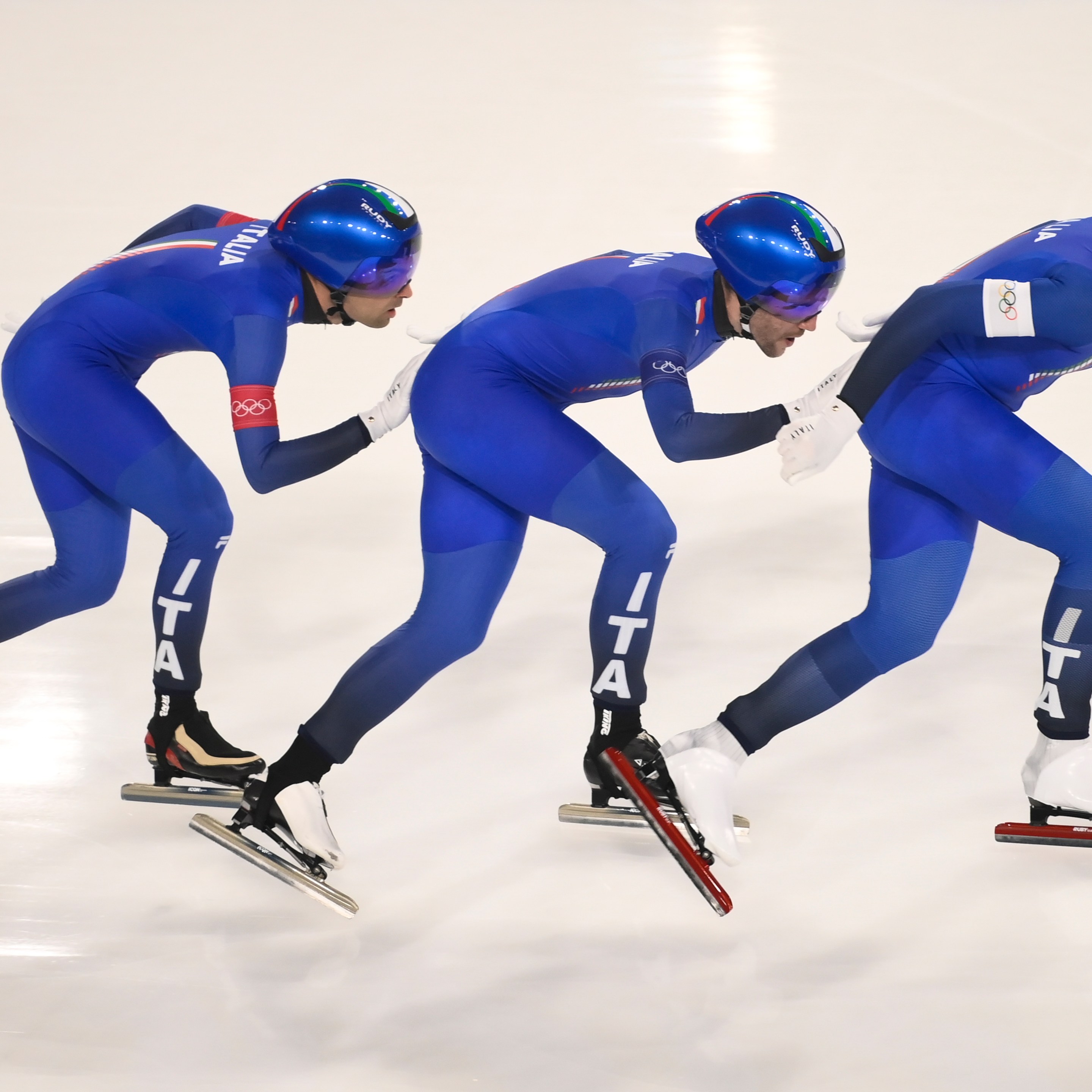 Davide Ghiotto of Team Italy, Andrea Giovannini of Team Italy,Michele Malfatti of Team Italy in action during the Speed Skating Men's Team Pursuit