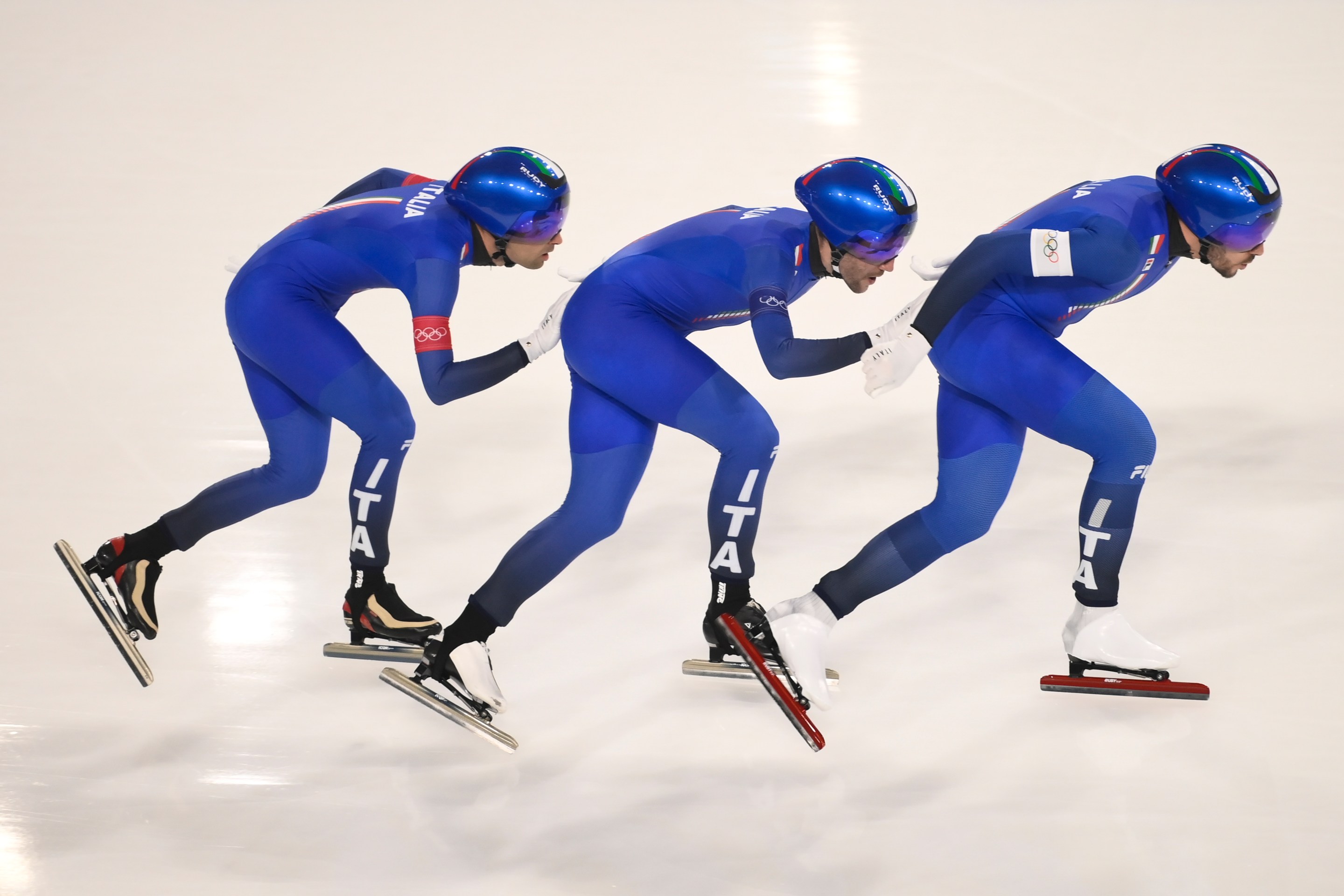 Davide Ghiotto of Team Italy, Andrea Giovannini of Team Italy,Michele Malfatti of Team Italy in action during the Speed Skating Men's Team Pursuit