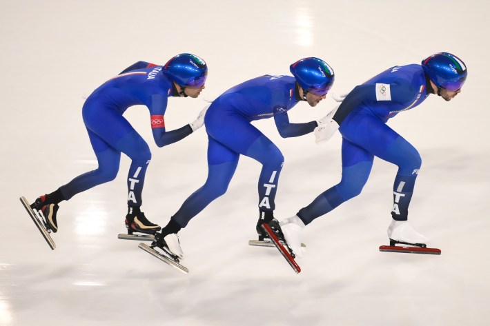 Davide Ghiotto of Team Italy, Andrea Giovannini of Team Italy,Michele Malfatti of Team Italy in action during the Speed Skating Men's Team Pursuit