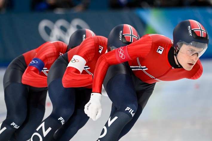 igurd Holbo Dyrset of Team Norway, Peder Kongshaug of Team Norway, idrik Eng Strand of Team Norway in action during the Speed Skating Men's Team Pursuit on day eleven of the Milano Cortina 2026 Winter Olympic games at Milano Speed Skating Stadium