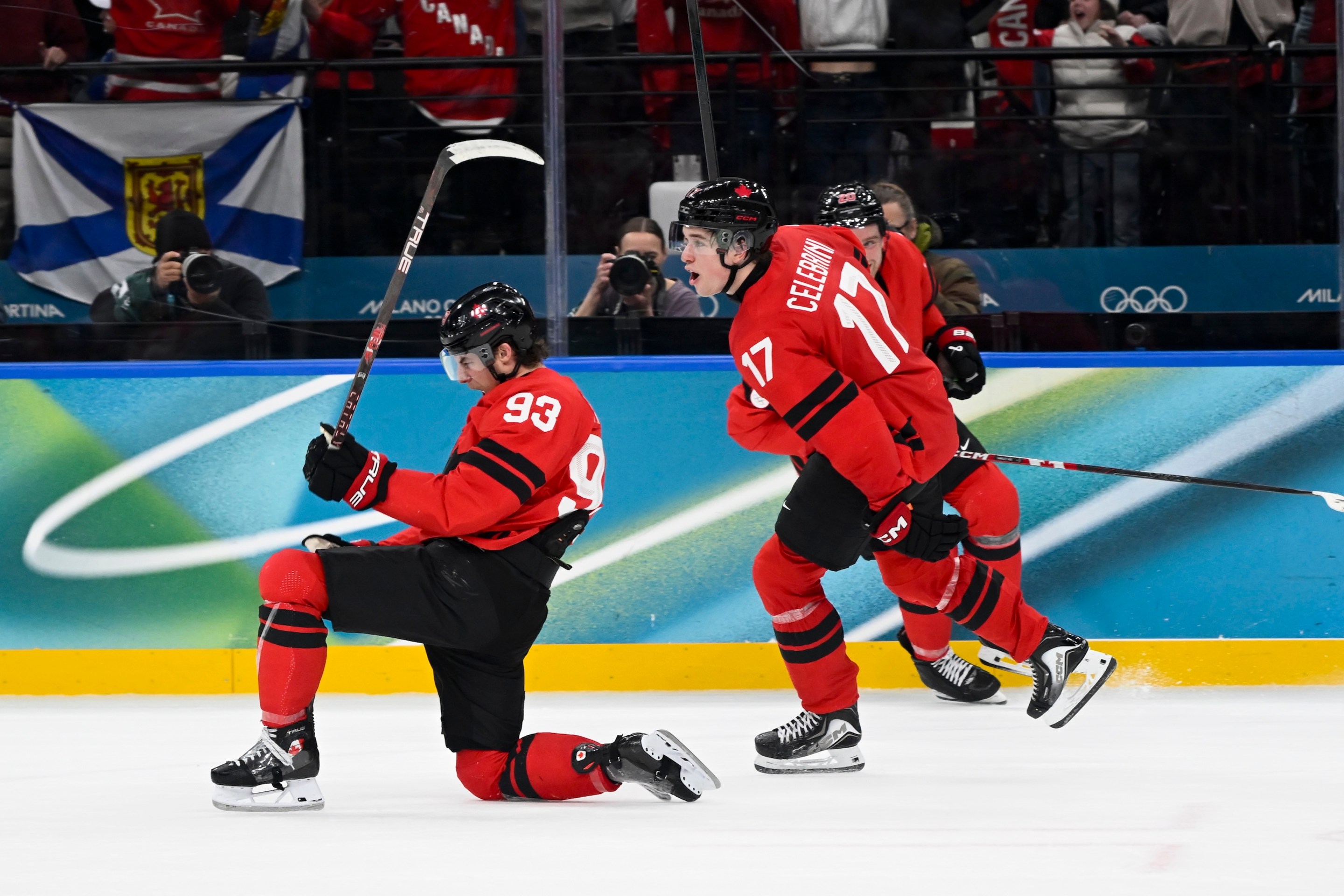 MILAN, ITALY - FEBRUARY 18: Mitch Marner of Team Canada celebrates a goal during the Ice Hockey Men Quarterfinals match between Canada vs Czechia on day twelve of the Milano Cortina 2026 Winter Olympic games at Milano Santa Giulia Ice Hockey Arena on February 18, 2026 in Milan, Italy. (Photo by Stefano Guidi/Getty Images)