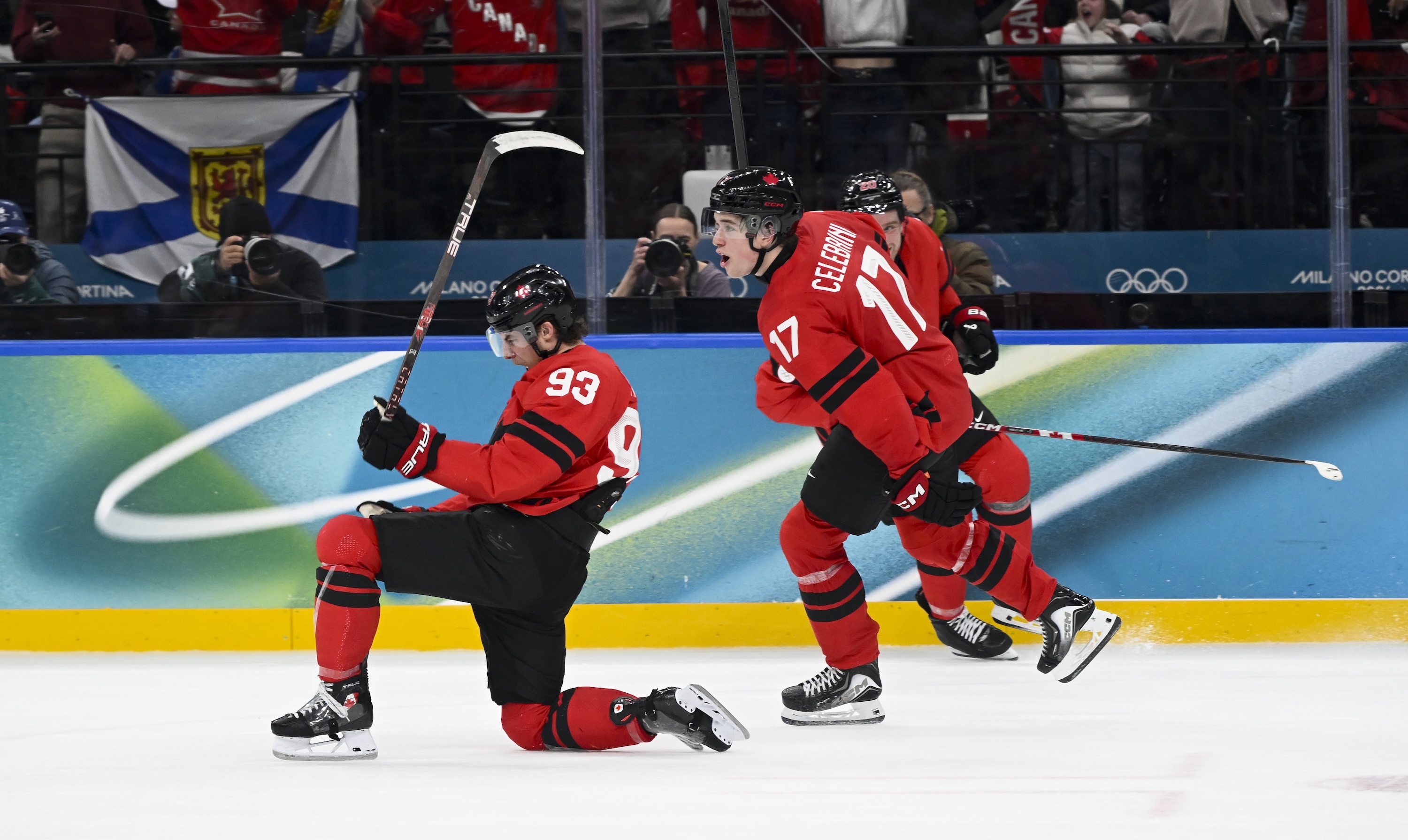 MILAN, ITALY - FEBRUARY 18: Mitch Marner of Team Canada celebrates a goal during the Ice Hockey Men Quarterfinals match between Canada vs Czechia on day twelve of the Milano Cortina 2026 Winter Olympic games at Milano Santa Giulia Ice Hockey Arena on February 18, 2026 in Milan, Italy. (Photo by Stefano Guidi/Getty Images)