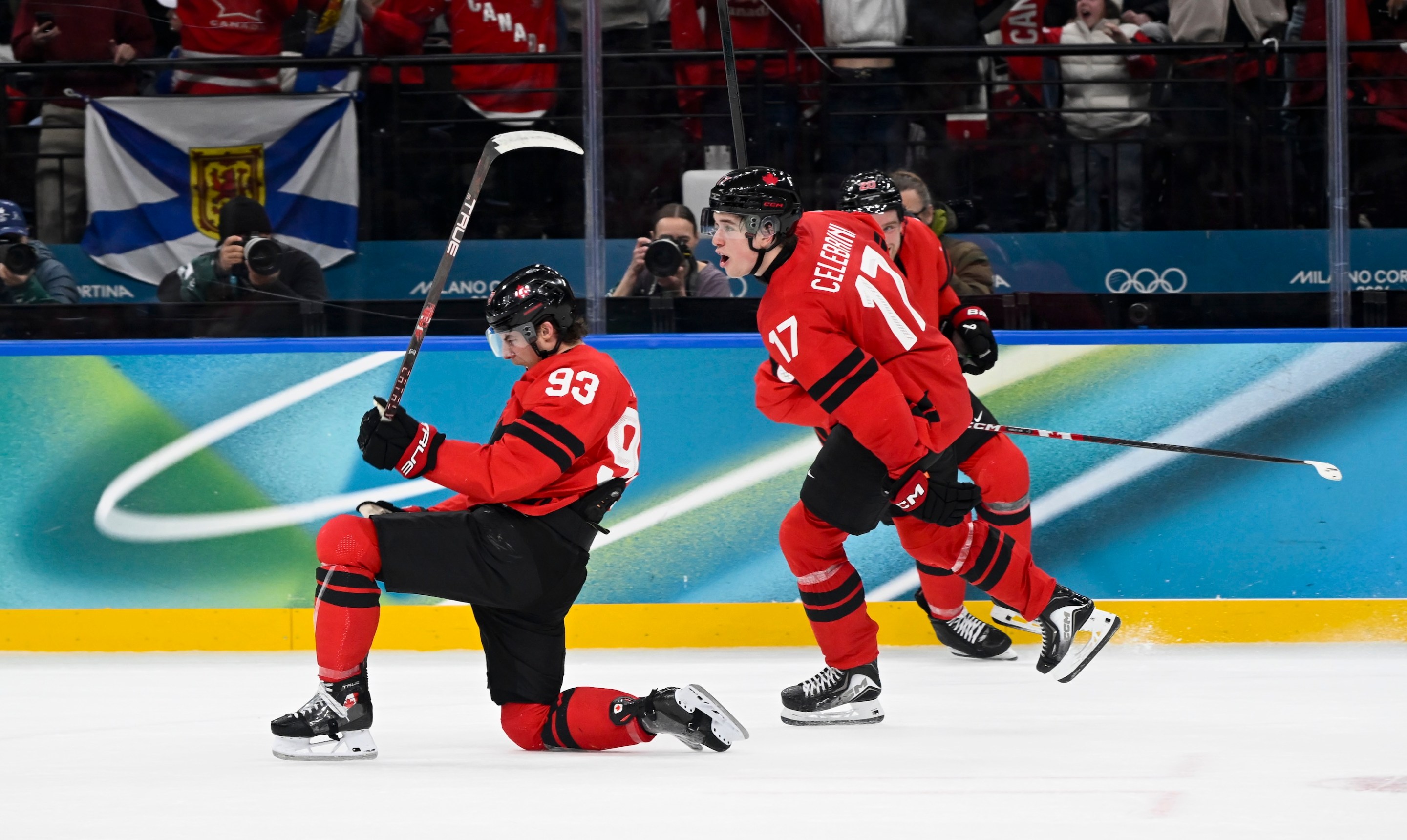 MILAN, ITALY - FEBRUARY 18: Mitch Marner of Team Canada celebrates a goal during the Ice Hockey Men Quarterfinals match between Canada vs Czechia on day twelve of the Milano Cortina 2026 Winter Olympic games at Milano Santa Giulia Ice Hockey Arena on February 18, 2026 in Milan, Italy. (Photo by Stefano Guidi/Getty Images)