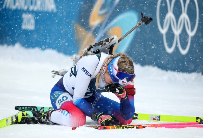 Tereza Vobornikova of Team Czechia reacts after winning the Bronze medal in the Women's 12.5km Biathlon Mass Start on day fifteen of the Milano Cortina 2026 Winter Olympic games at Anterselva Biathlon Arena