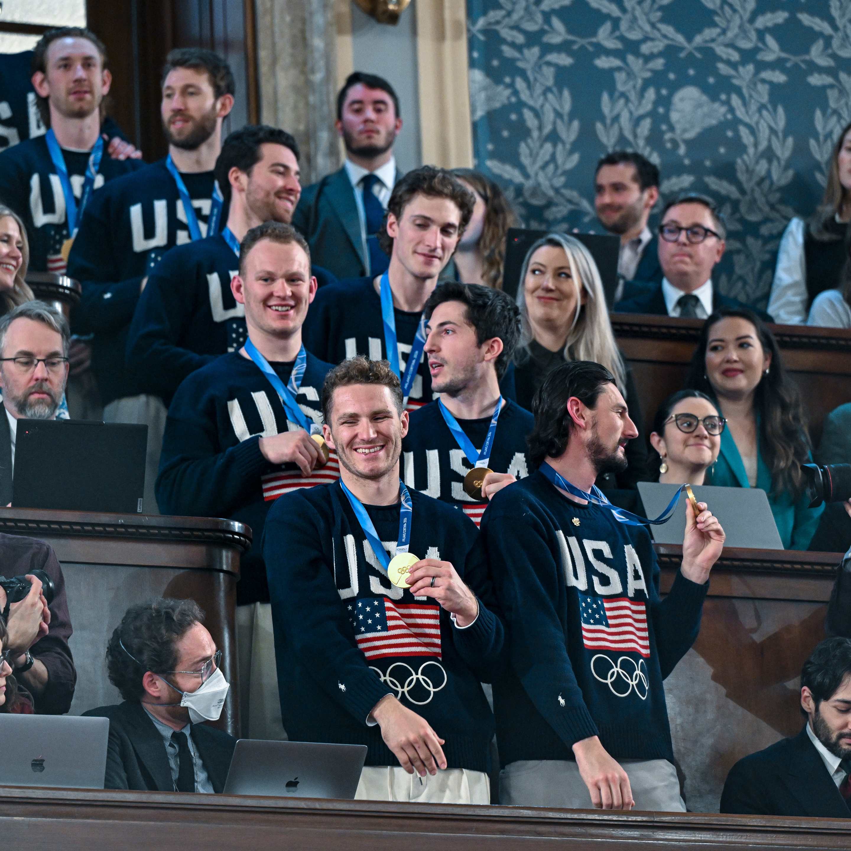 The U.S. Olympic men's ice hockey team arrives for U.S. President Donald Trump's State of the Union