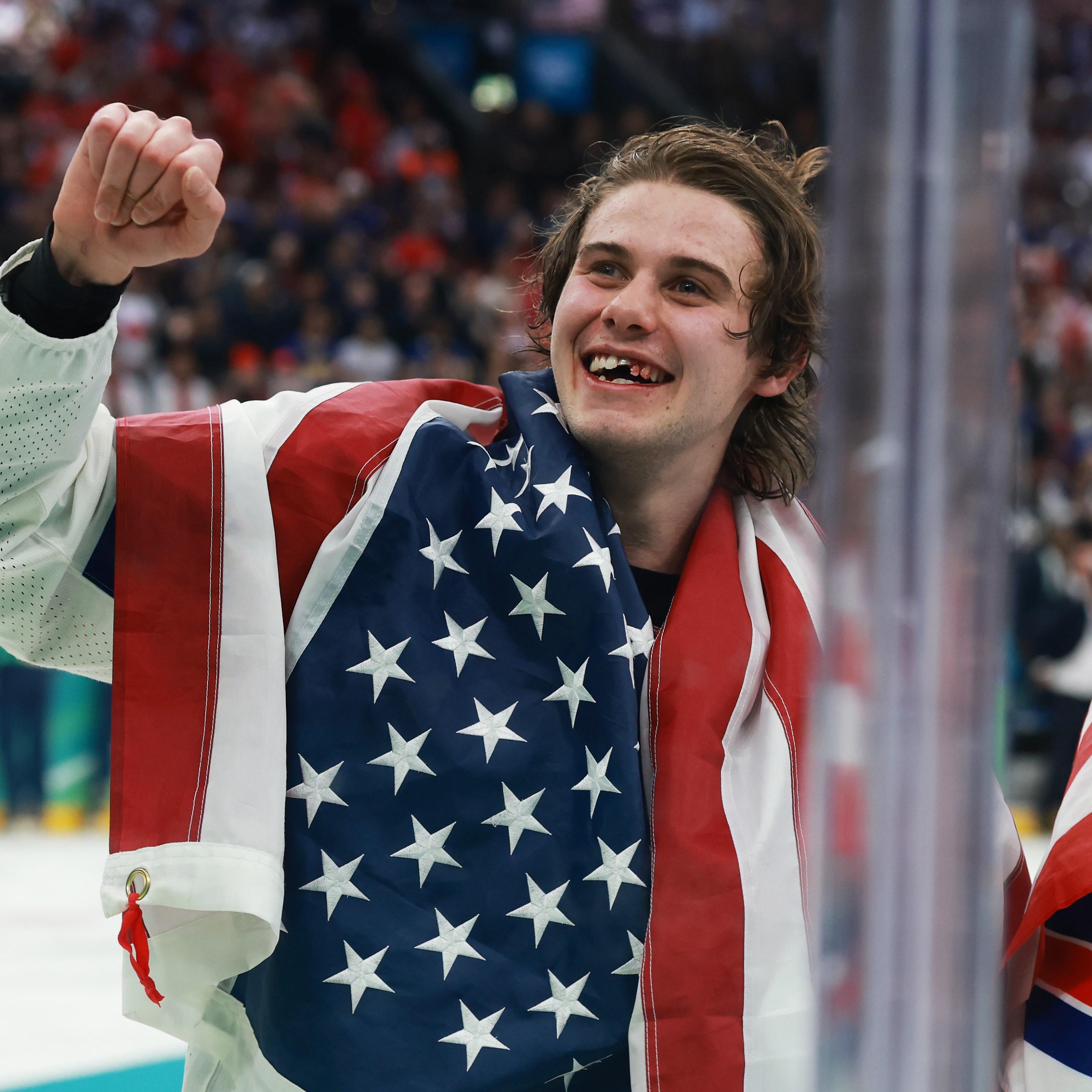 Jack Hughes #86 of Team United States celebrates after their gold-medal win
