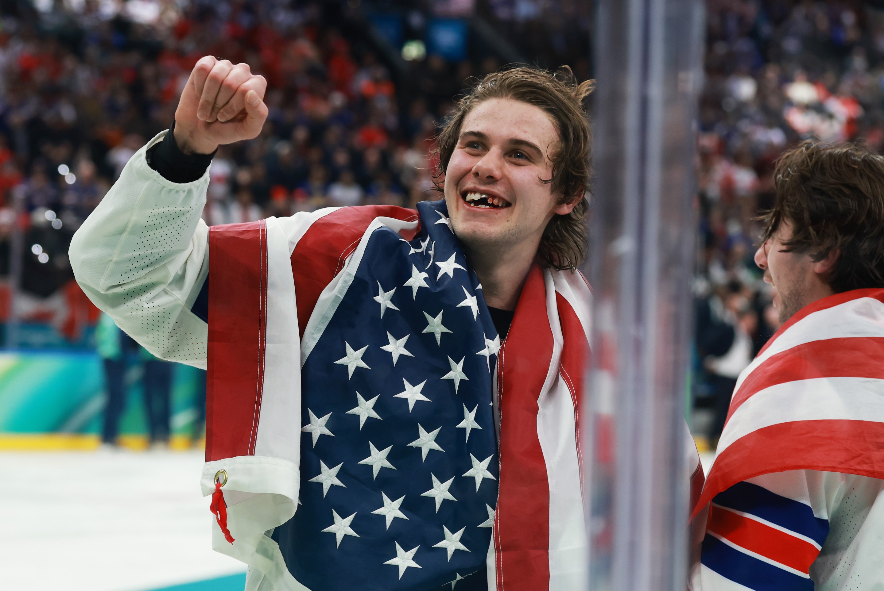 Jack Hughes #86 of Team United States celebrates after their gold-medal win