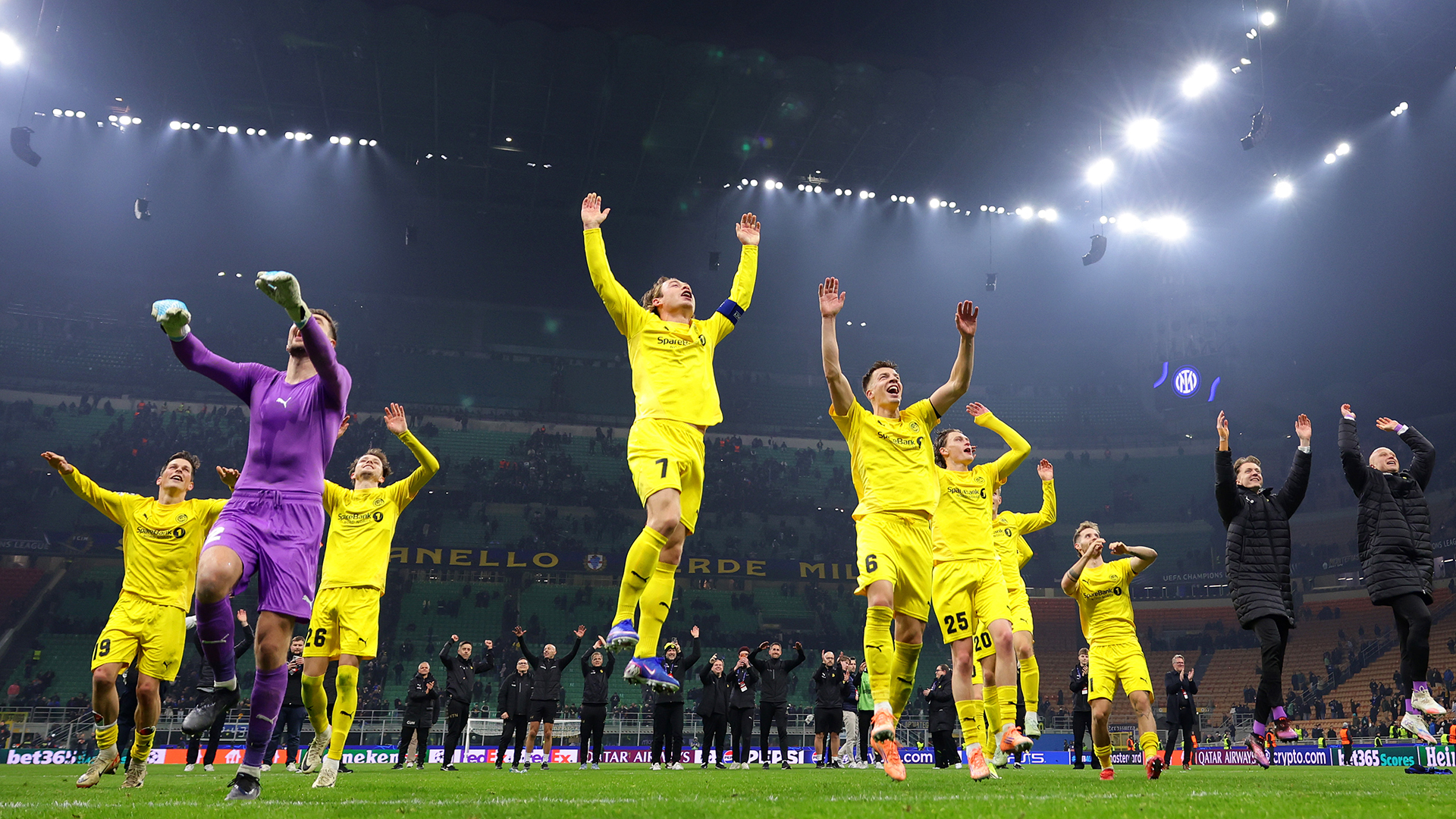Bodo/Glimt players celebrate in front of the fans following the team's victory in the UEFA Champions League 2025/26 League Knockout Play-off Second Leg match between FC Internazionale Milano and FK Bodo/Glimt at Stadio San Siro on February 24, 2026 in Milan, Italy.