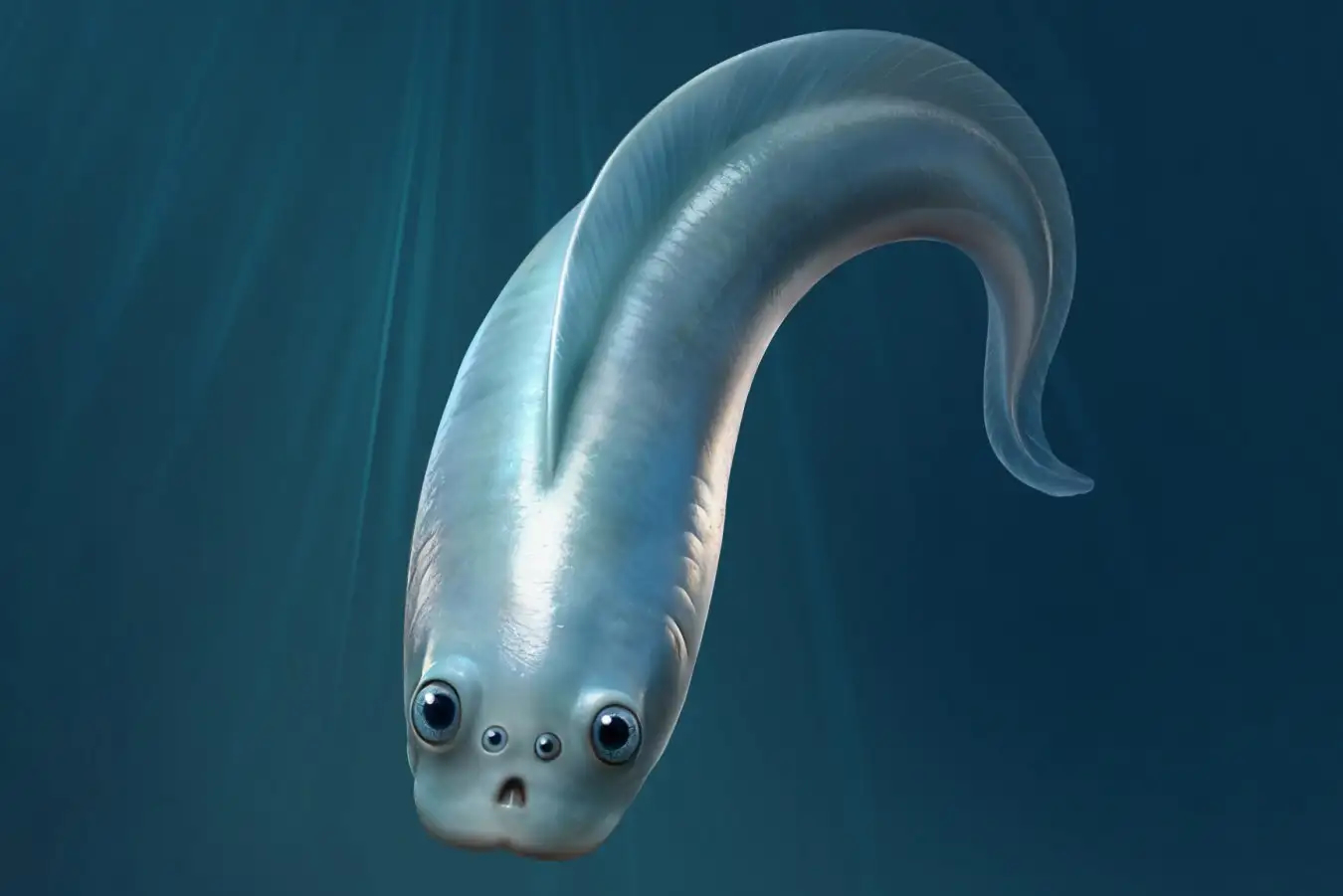 the ancient fish Haikouichthys, which resembles a blue noodle with four eyes