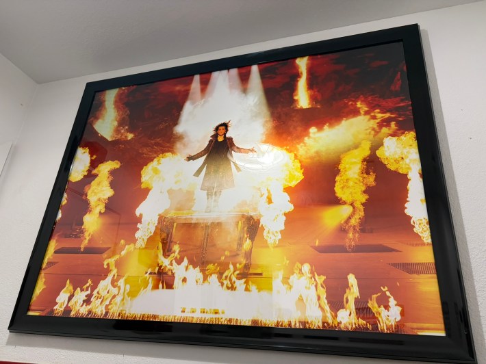 Very large framed photograph of Criss Angel surrounded by flames.