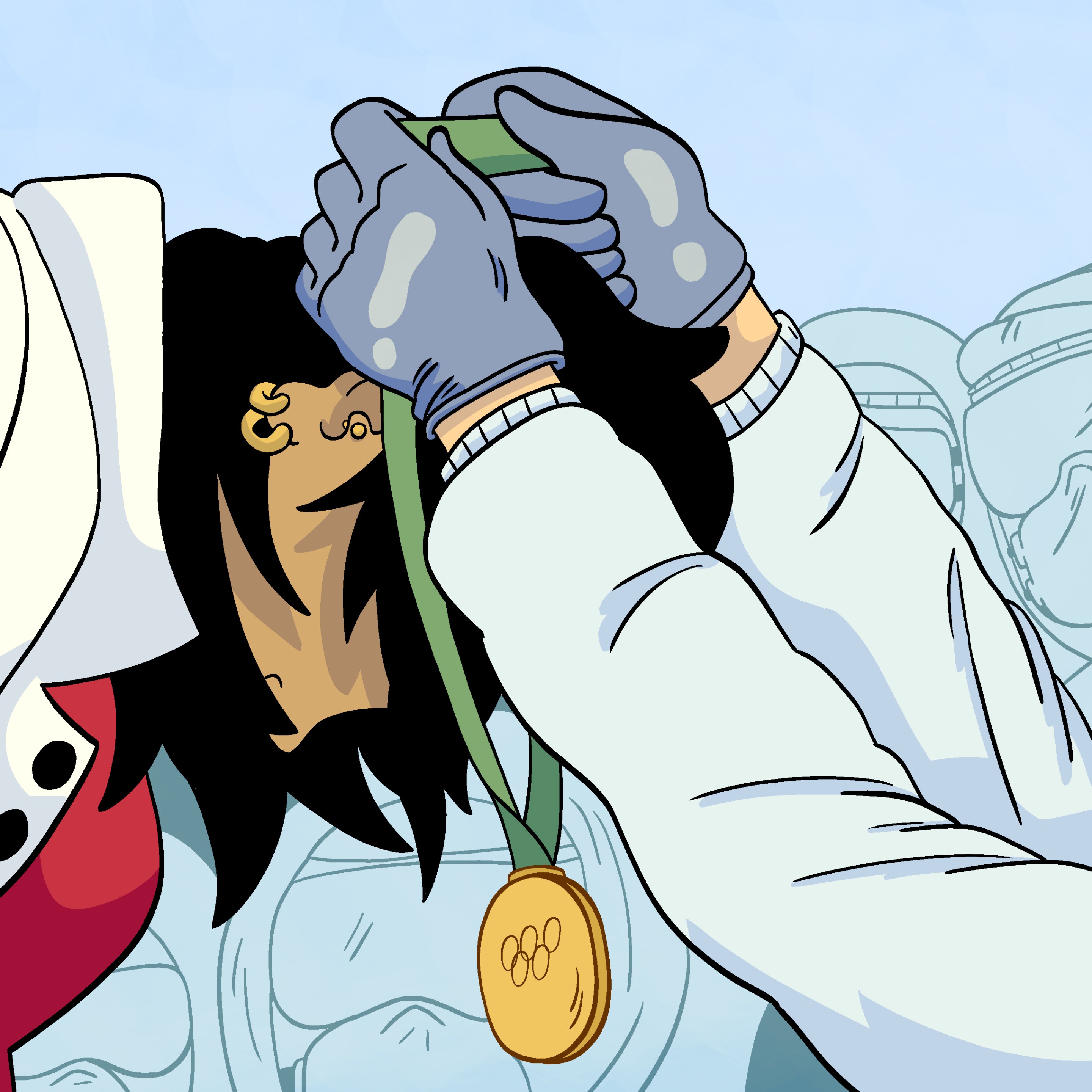 Officials in hazmat suits remove a medal around an olympian's neck