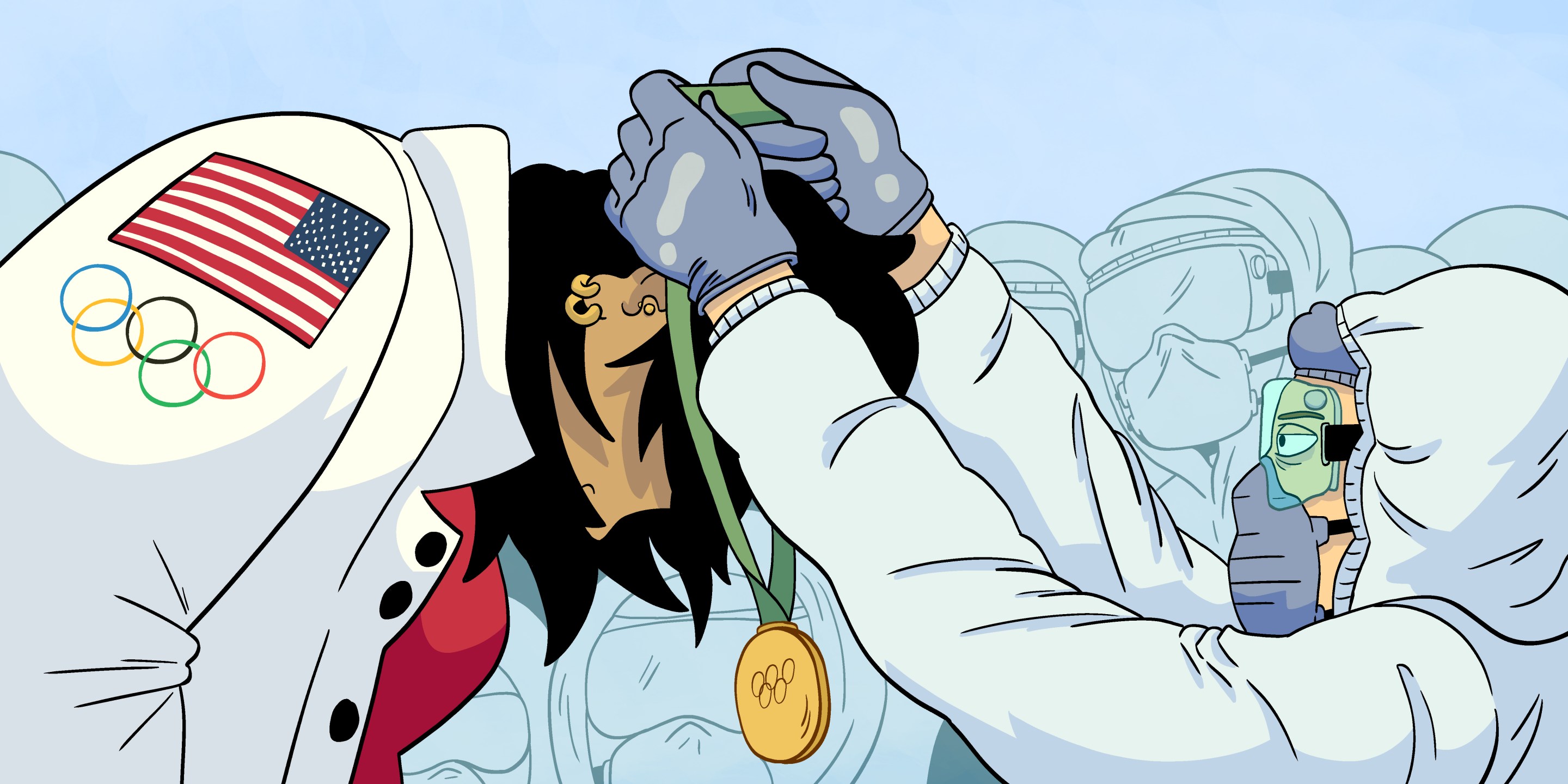 Officials in hazmat suits remove a medal around an olympian's neck