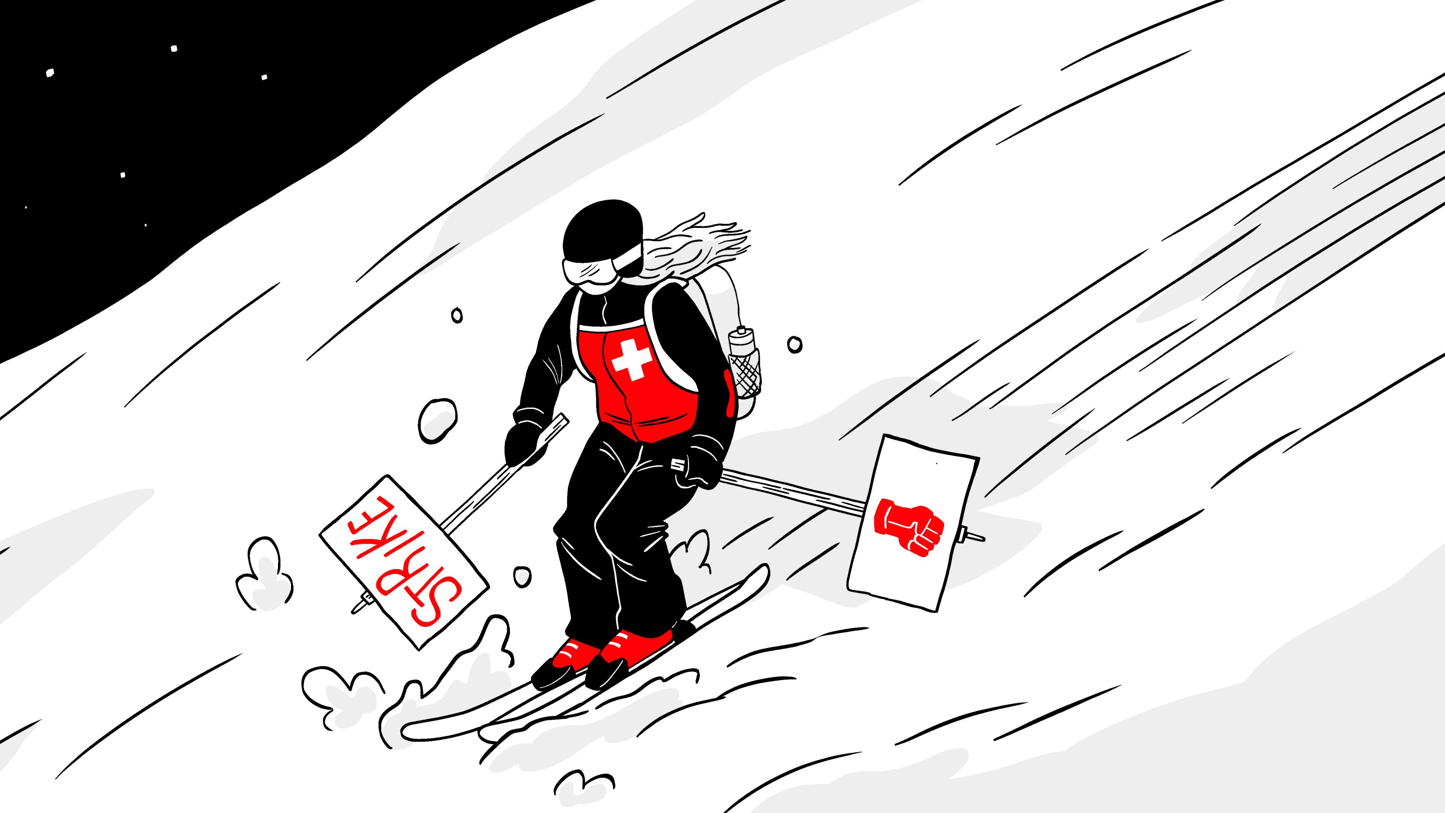 An illustration of a skier going down the mountain while holding picket signs