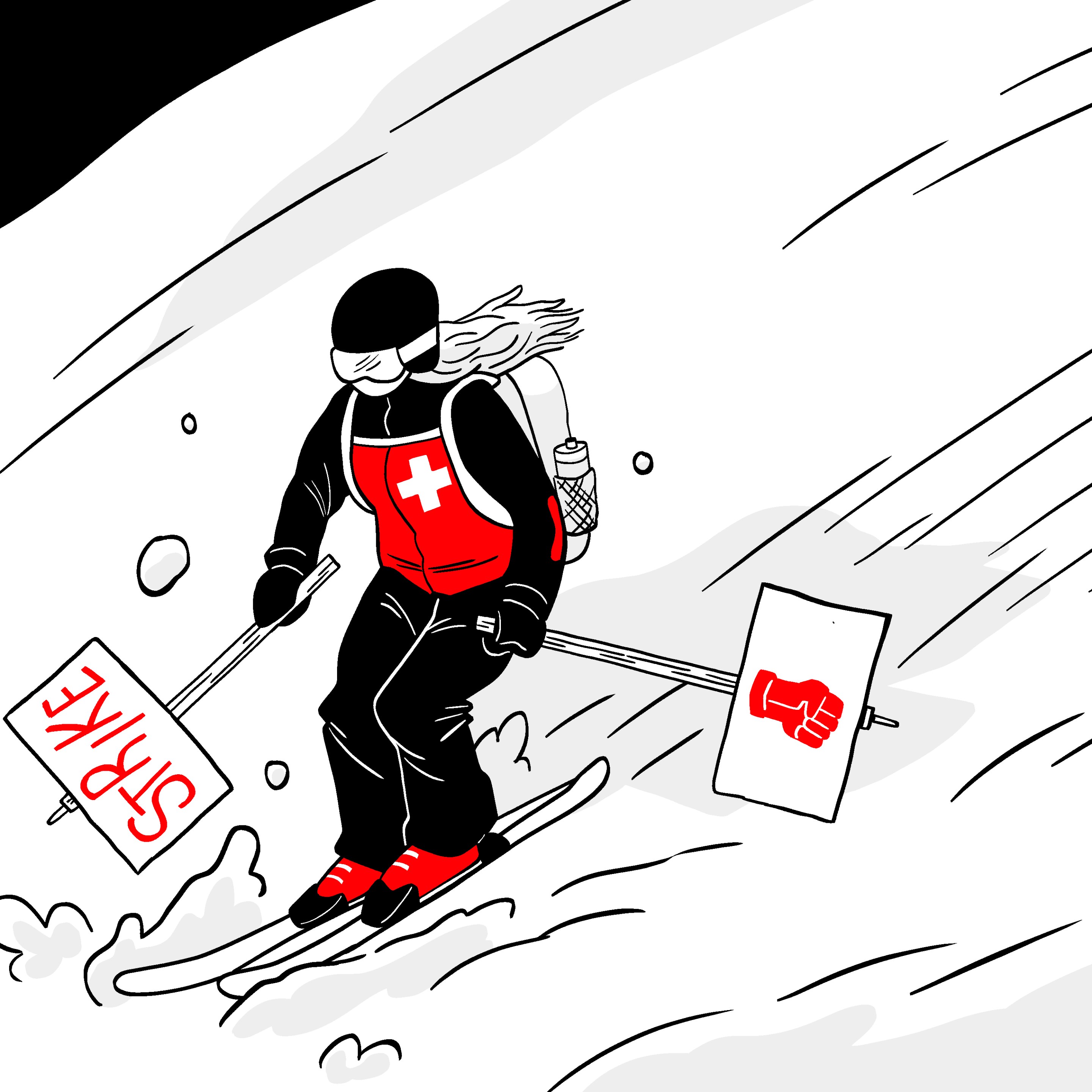 An illustration of a skier going down the mountain while holding picket signs