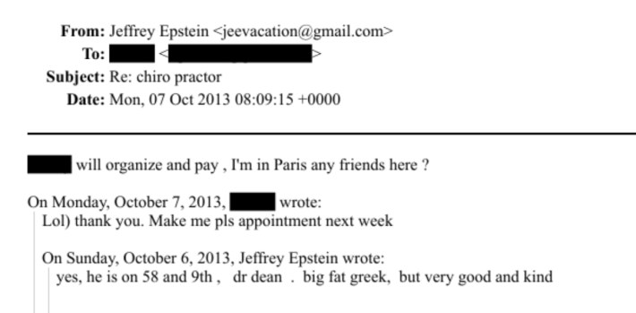 Epstein email: "yes, he is on 58 and 9th , dr dean . big fat greek, but very good and kind"