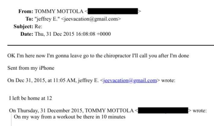 Mottola email to Epstein: "OK I'm here now I'm gonna leave go to the chiropractor I'll call you after I'm done"