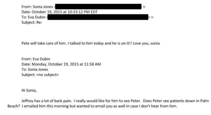 Email from Sonia Jones to Eva Dubin: "Pete [Egoscue] will take care of him. I talked to him today and he is on it!! Love you, sonia"