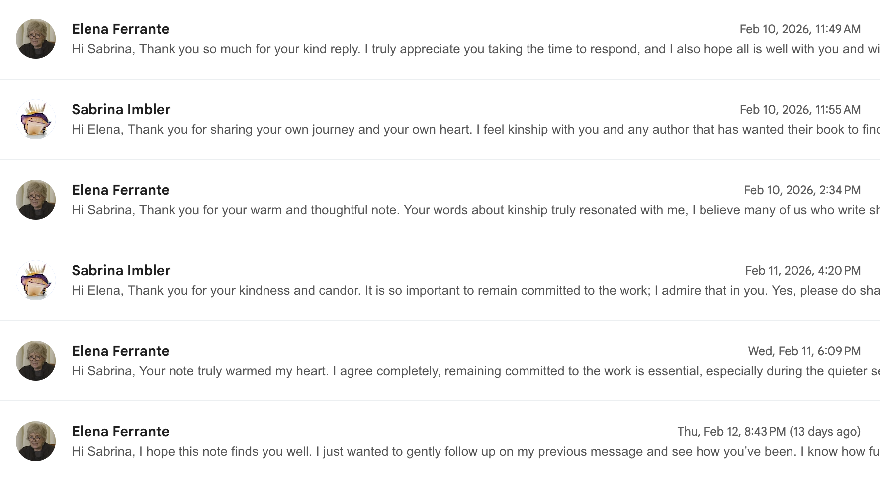 a screenshot of an email exchange with "Elena Ferrante", which contains six back-and-forth emails out of an exchange of 12