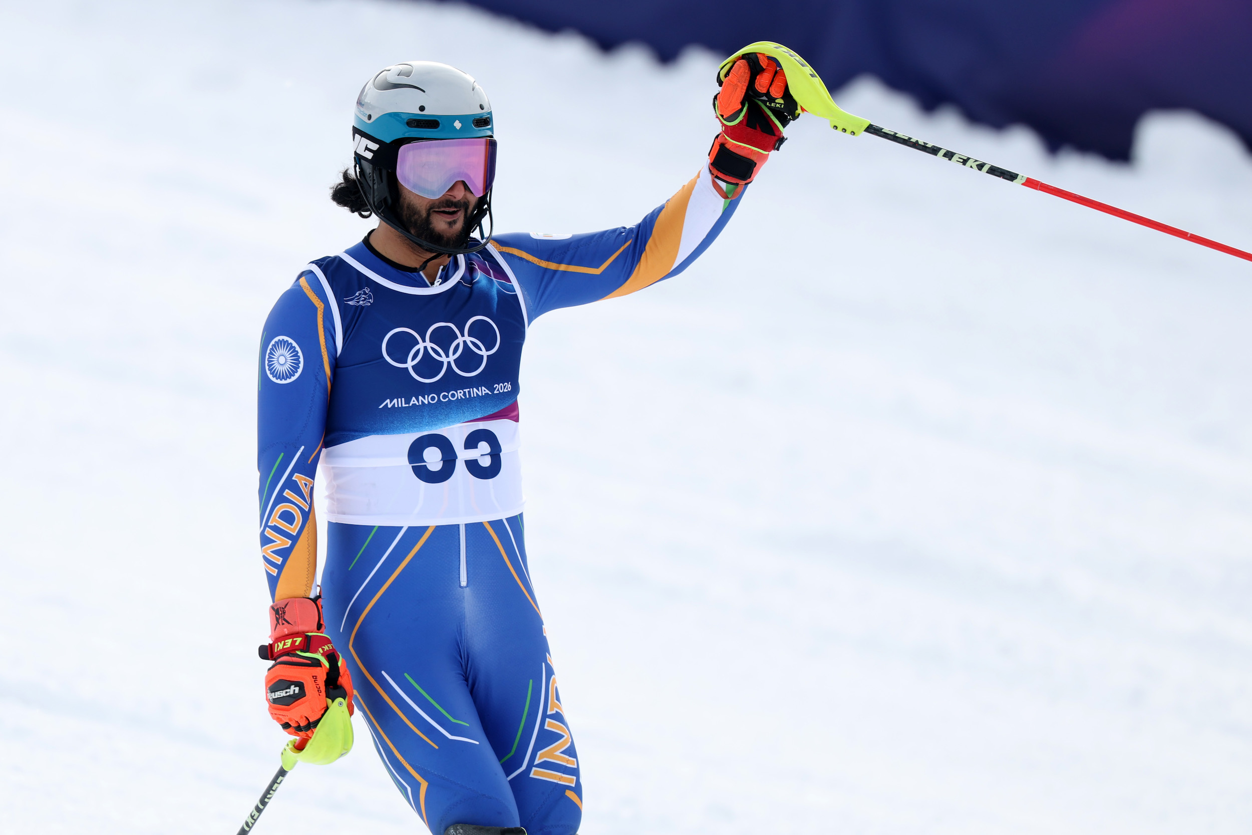 Arif Mohd Khan of Team India reacts in the finish area after competing in the Men's Slalom Run on day ten of the Milano Cortina 2026 Winter Olympics at Stelvio Alpine Skiing Centre on February 16, 2026 in Bormio, Italy. (Photo by Sean M. Haffey/Getty Images)
