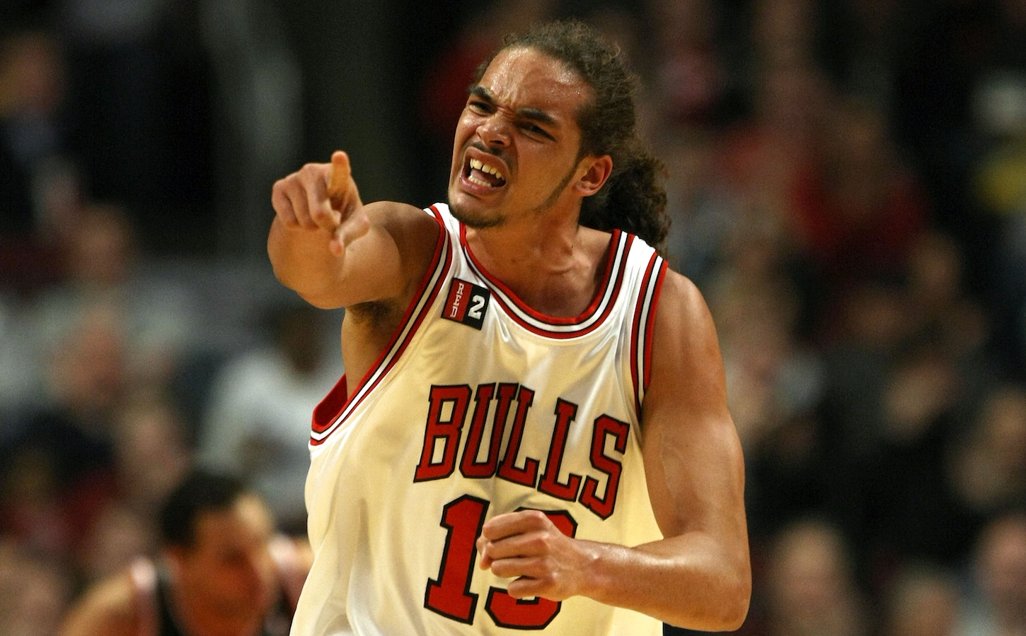 Joakim Noah #13 of the Chicago Bulls reacts after dunking the ball in the second quarter against the Milwaukee Bucks on March 6, 2009 in Chicago, Illinois.