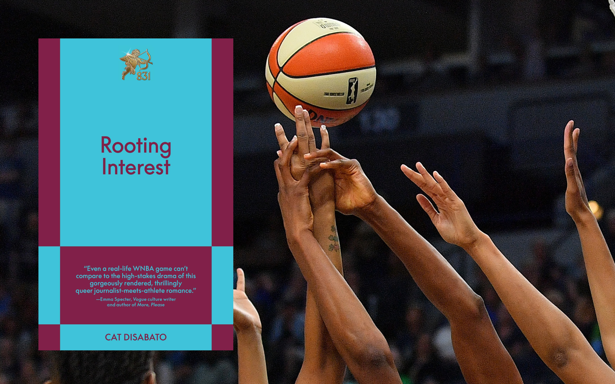 The cover of Rooting Interest, next to a jump ball in a WNBA game.