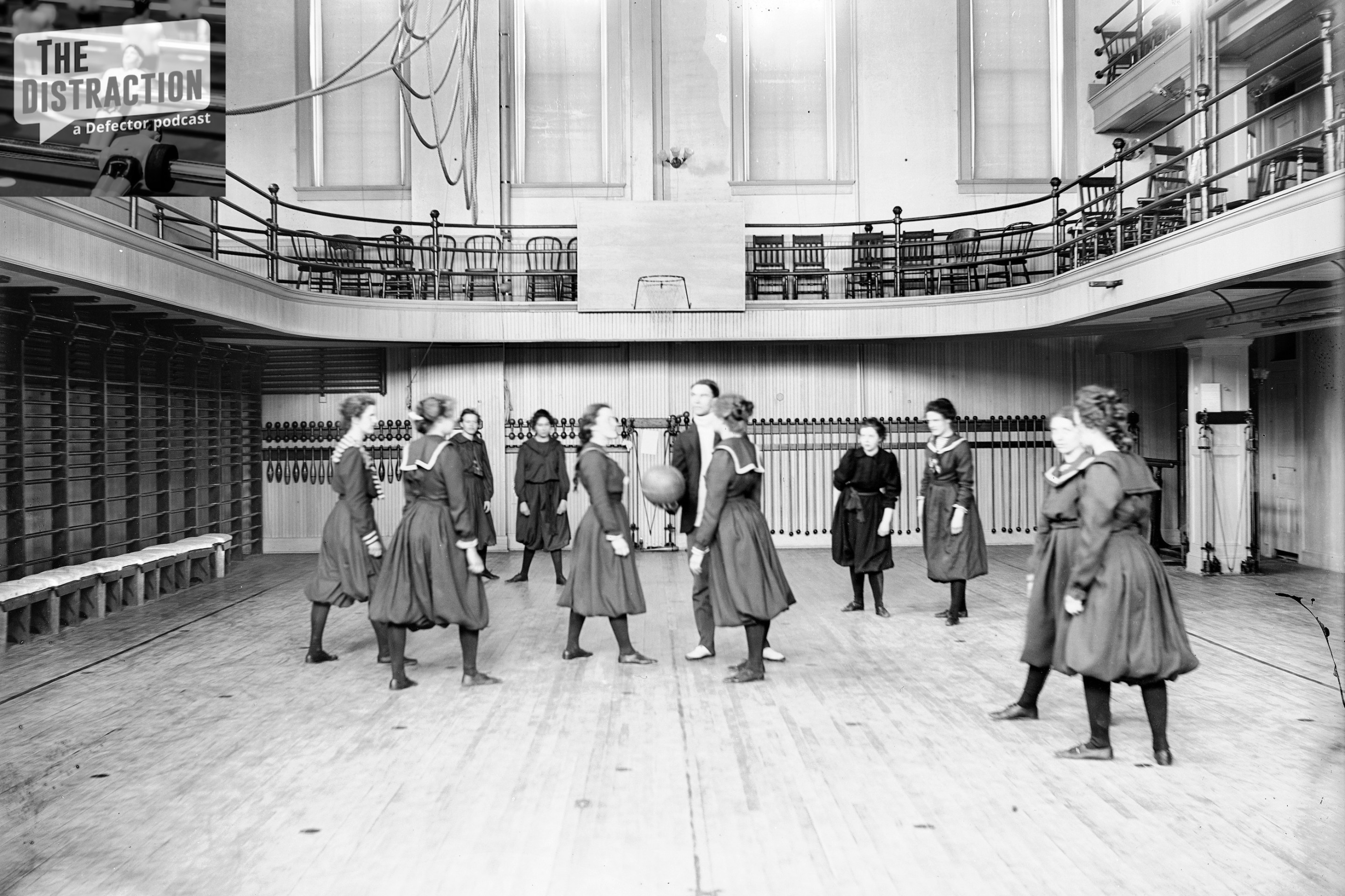 University of Wisconsin-Madison freshman women's basketball team in the gymnasium of Ladies Hall (now Chadbourne Hall), Madison, Wisconsin, 1900.