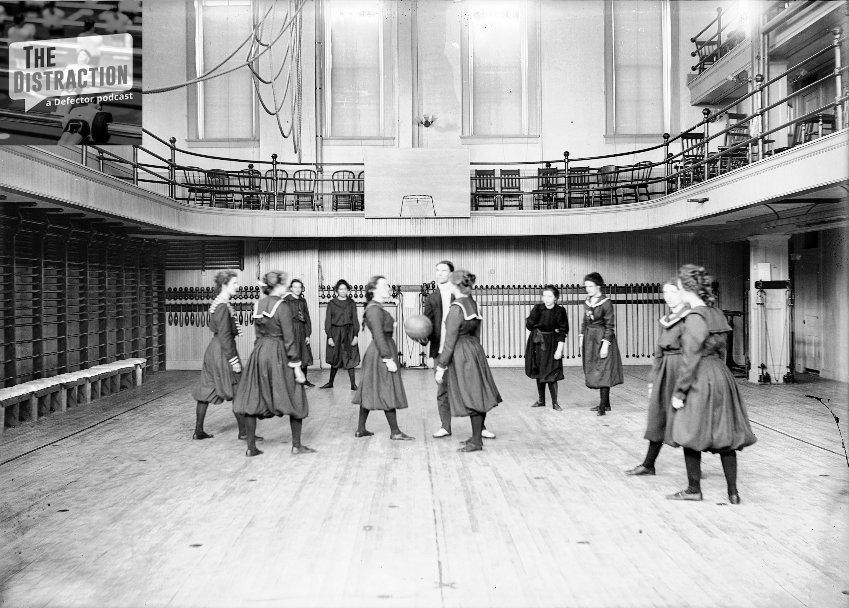 University of Wisconsin-Madison freshman women's basketball team in the gymnasium of Ladies Hall (now Chadbourne Hall), Madison, Wisconsin, 1900.
