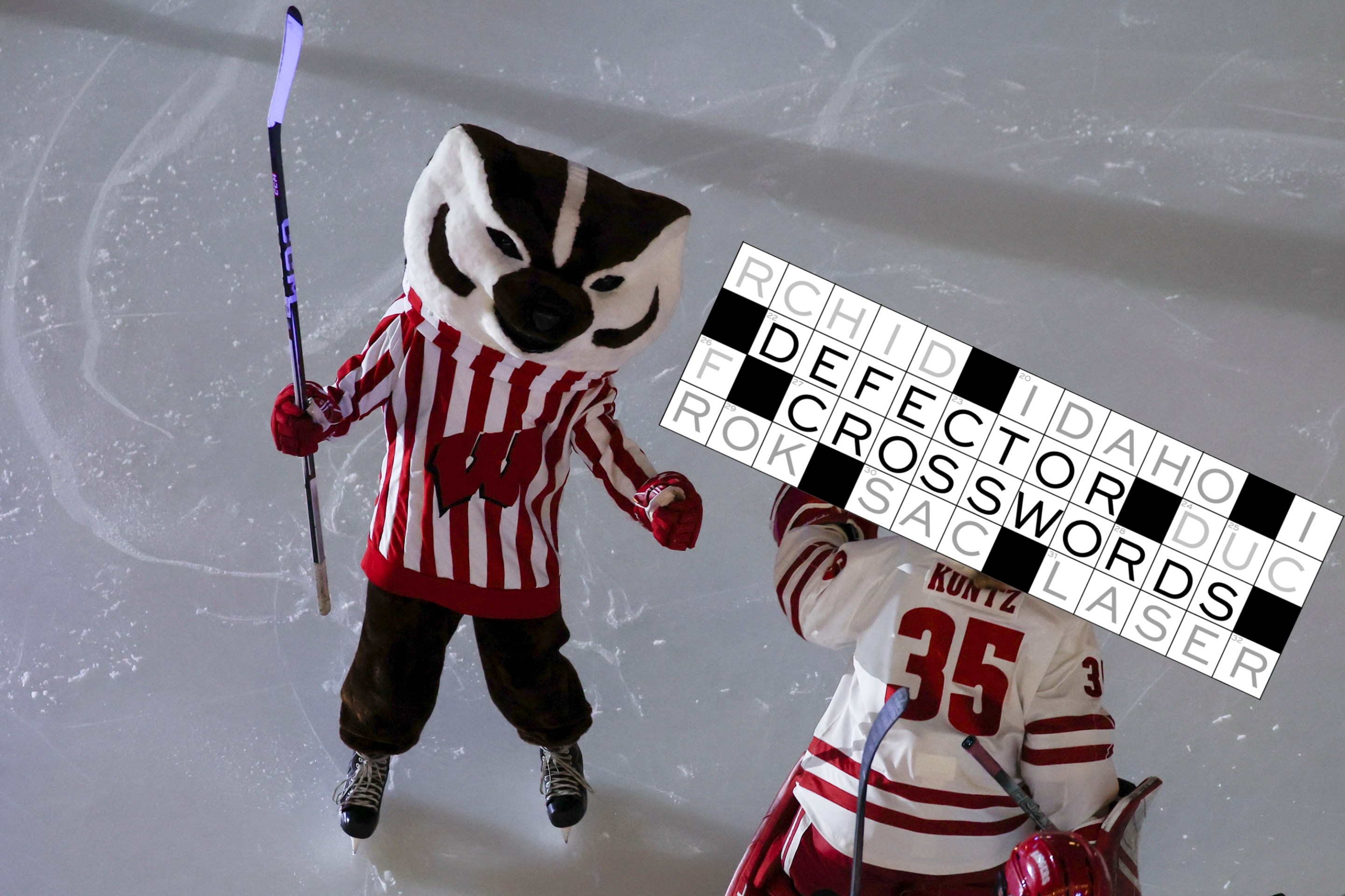 Quinn Kuntz #35 of the Wisconsin Badgers greets her team's mascot before the Division I Women's Ice Hockey Championship game against the Ohio State Buckeyes held at Ridder Arena on March 23, 2025 in Minneapolis, Minnesota.