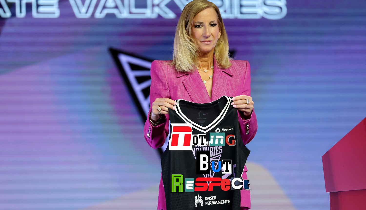 NEW YORK, NEW YORK - APRIL 14: WNBA Commissioner Cathy Engelbert holds a Golden State Valkyries jersey after announcing their fifth overall pick of Juste Joyce during the 2025 WNBA Draft at The Shed on April 14, 2025 in New York City. NOTE TO USER: User expressly acknowledges and agrees that, by downloading and or using this photograph, User is consenting to the terms and conditions of the Getty Images License Agreement. (Photo by Elsa/Getty Images)
