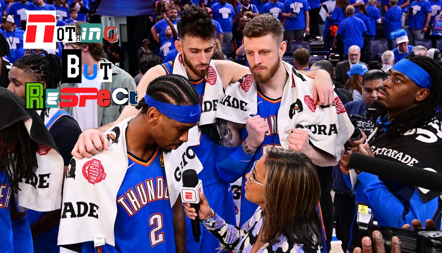 Shai Gilgeous-Alexander #2 is interviewed with teammates Chet Holmgren #7 and Isaiah Hartenstein #55 of the Oklahoma City Thunder after beating the Denver Nuggets 125-93 in Game Seven of the Western Conference Second Round NBA Playoffs at Paycom Center on May 18, 2025 in Oklahoma City, Oklahoma. NOTE TO USER: User expressly acknowledges and agrees that, by downloading and or using this photograph, User is consenting to the terms and conditions of the Getty Images License Agreement. (Photo by Joshua Gateley/Getty Images)