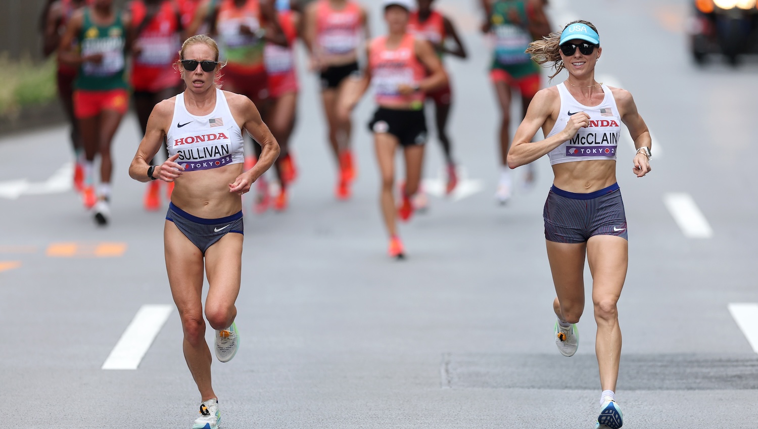 TOKYO, JAPAN - SEPTEMBER 14: Susanna Sullivan of Team United States and Jessica McClain of Team United States compete in the Women's Marathon during day two of the World Athletics Championships Tokyo 2025 at National Stadium on September 14, 2025 in Tokyo, Japan. (Photo by Julian Finney/Getty Images)
